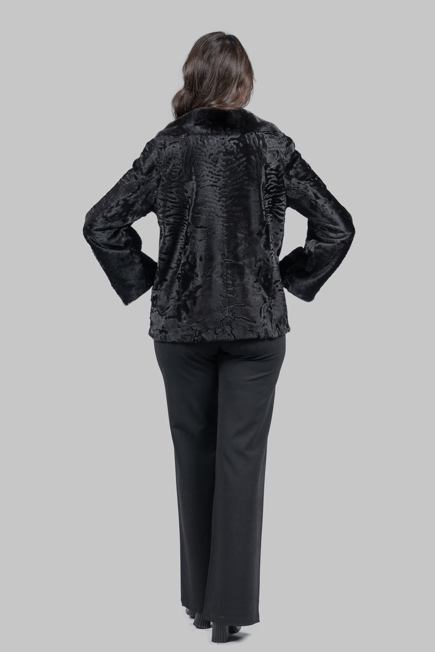 Black Swakara Jacket with Mink-Trimmed Notch Collar
