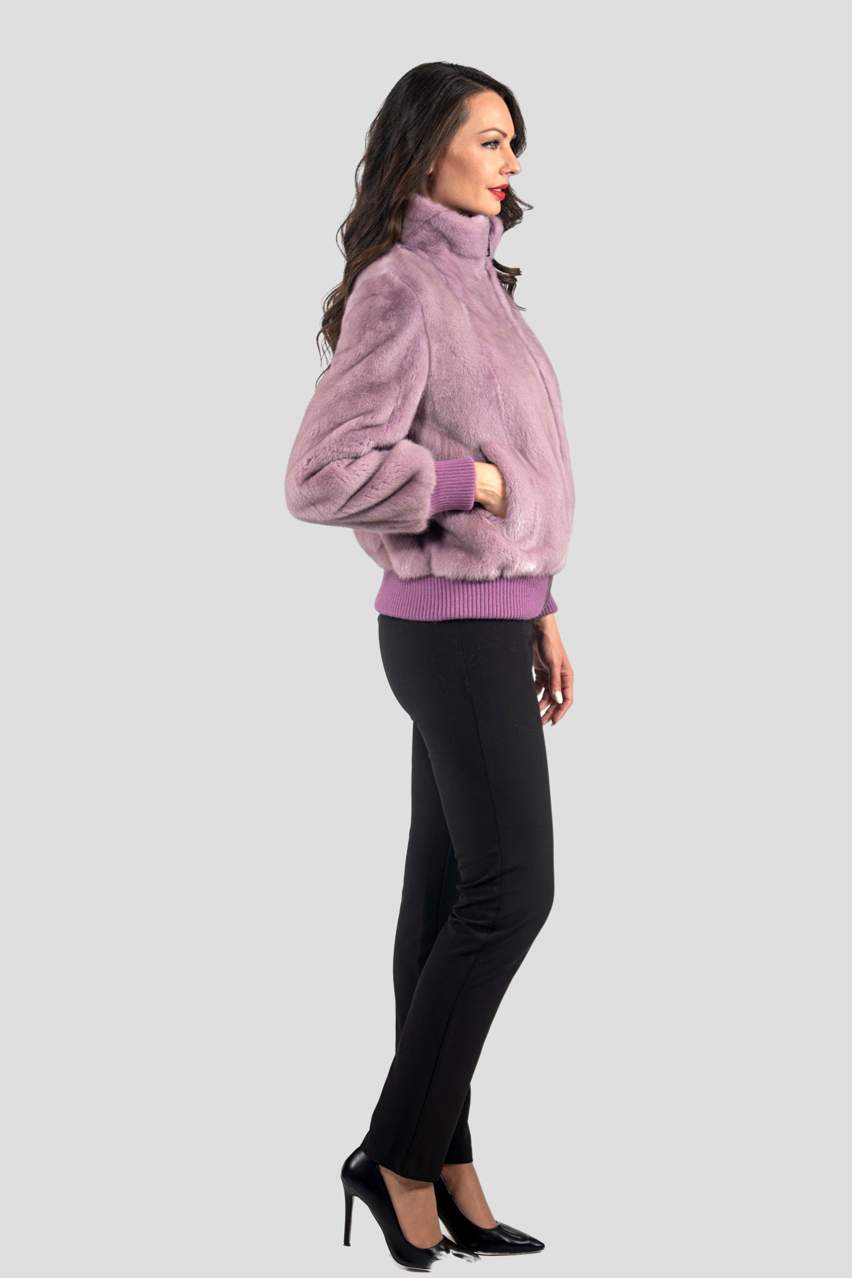 Dark Violet Mink Bomber Jacket with Stand Collar