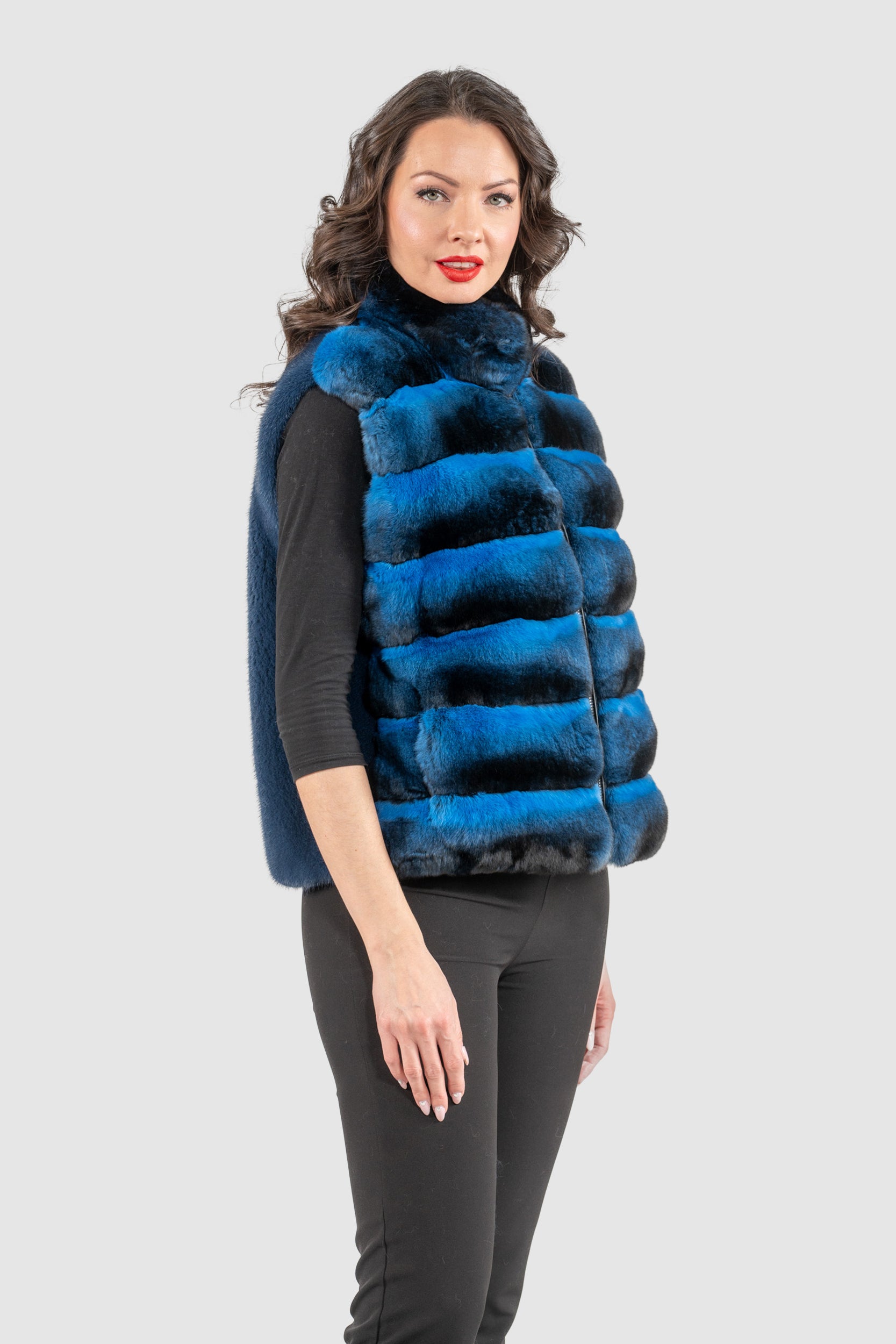 Bluejean Chinchilla Fur Vest with Stand Collar and Mink Trim