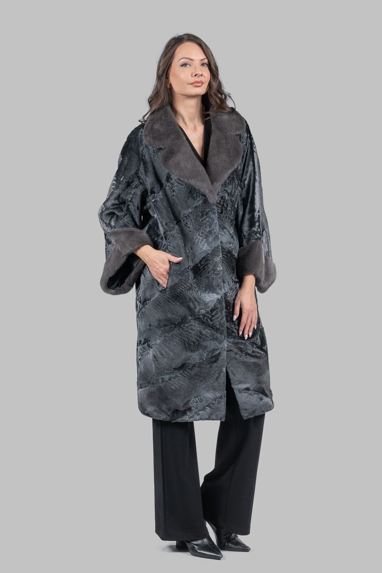 Acciaio Swakara Oversized Half Coat with Titanium Mink Trim