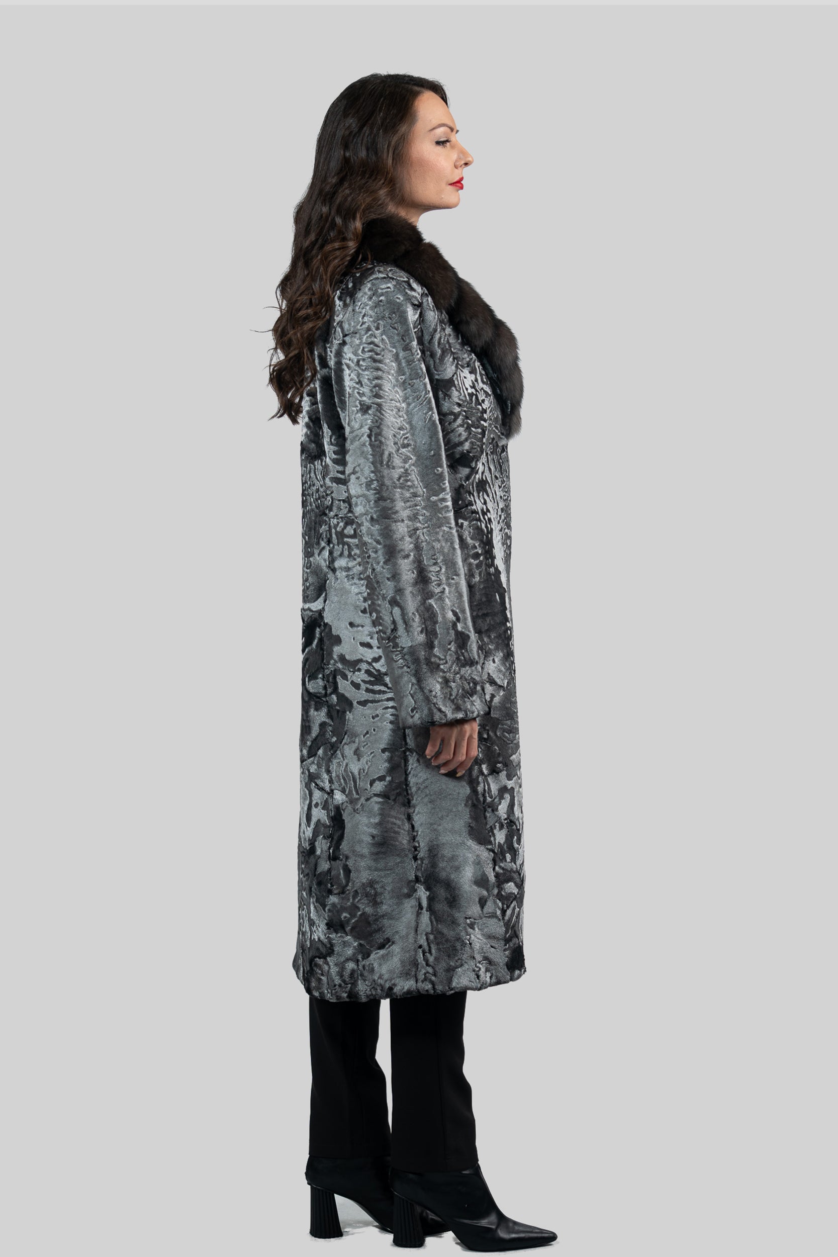 Shadow Grey Swakara Coat with Russian Sable Notch Collar