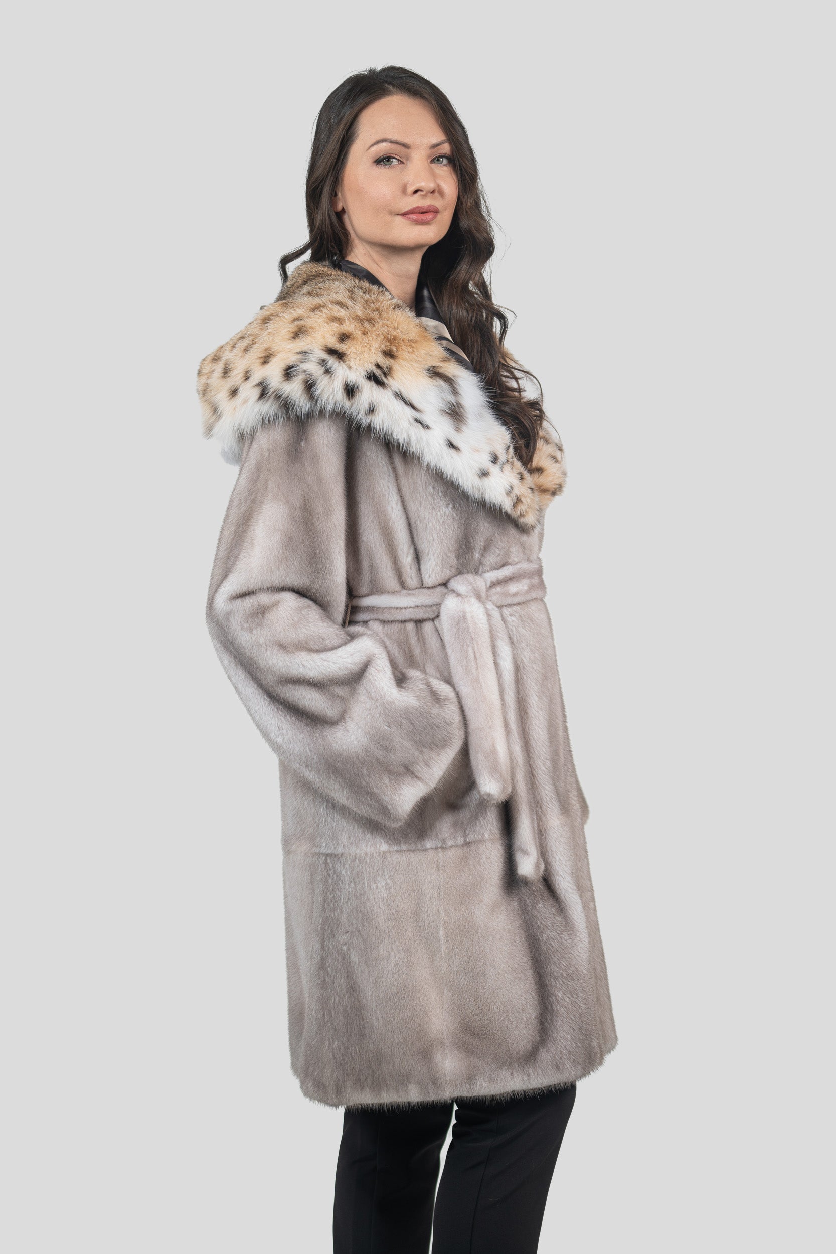 Silver Blue Mink Coat with Bobcat Hood