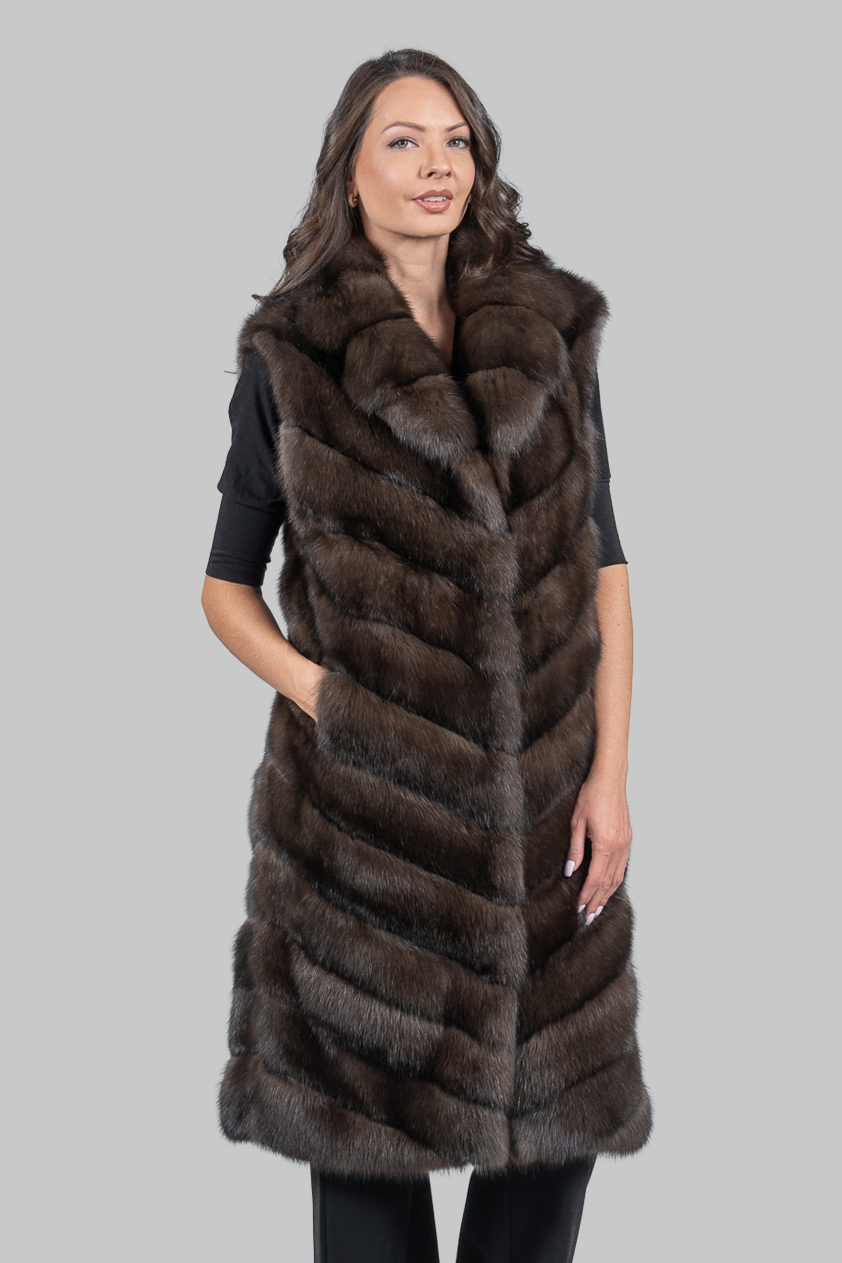 Dark Sable Long Vest with Notch Collar