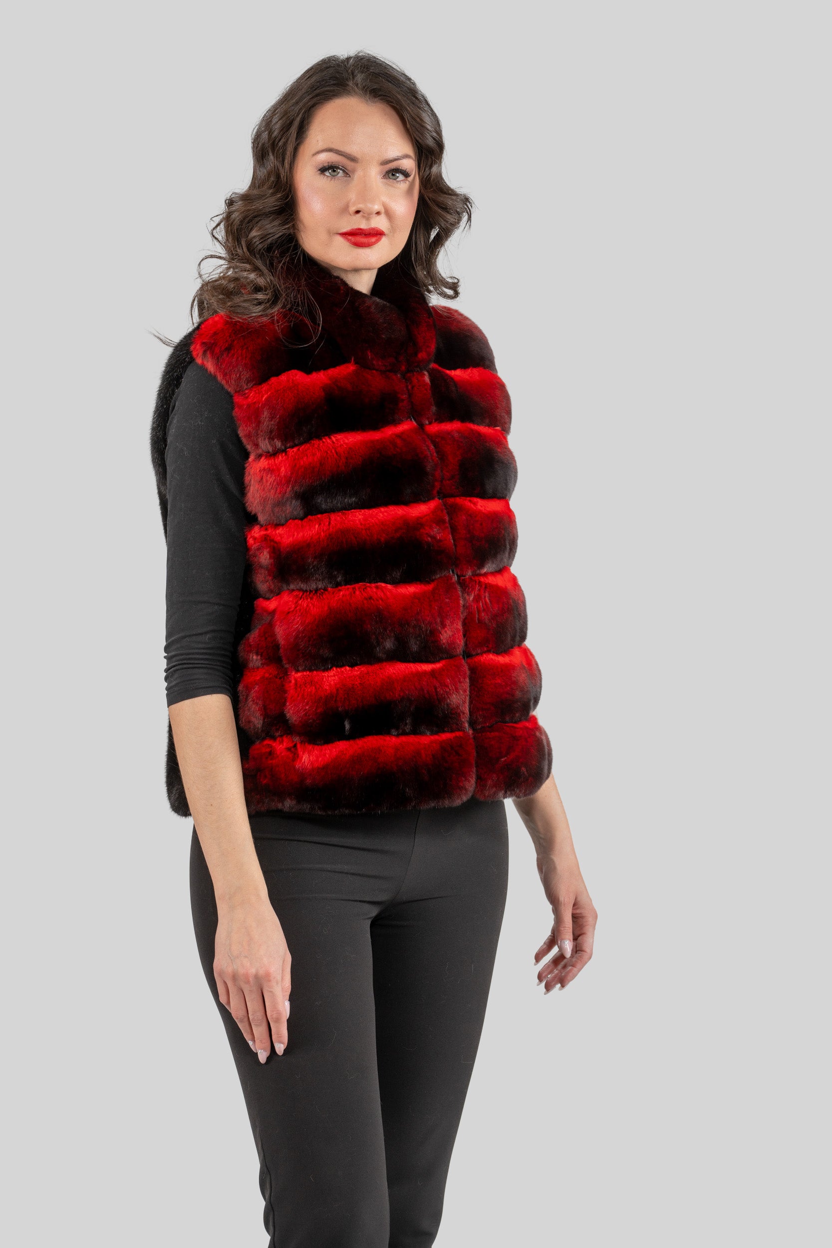 Red Chinchilla Vest with Stand Collar and Mink Trim