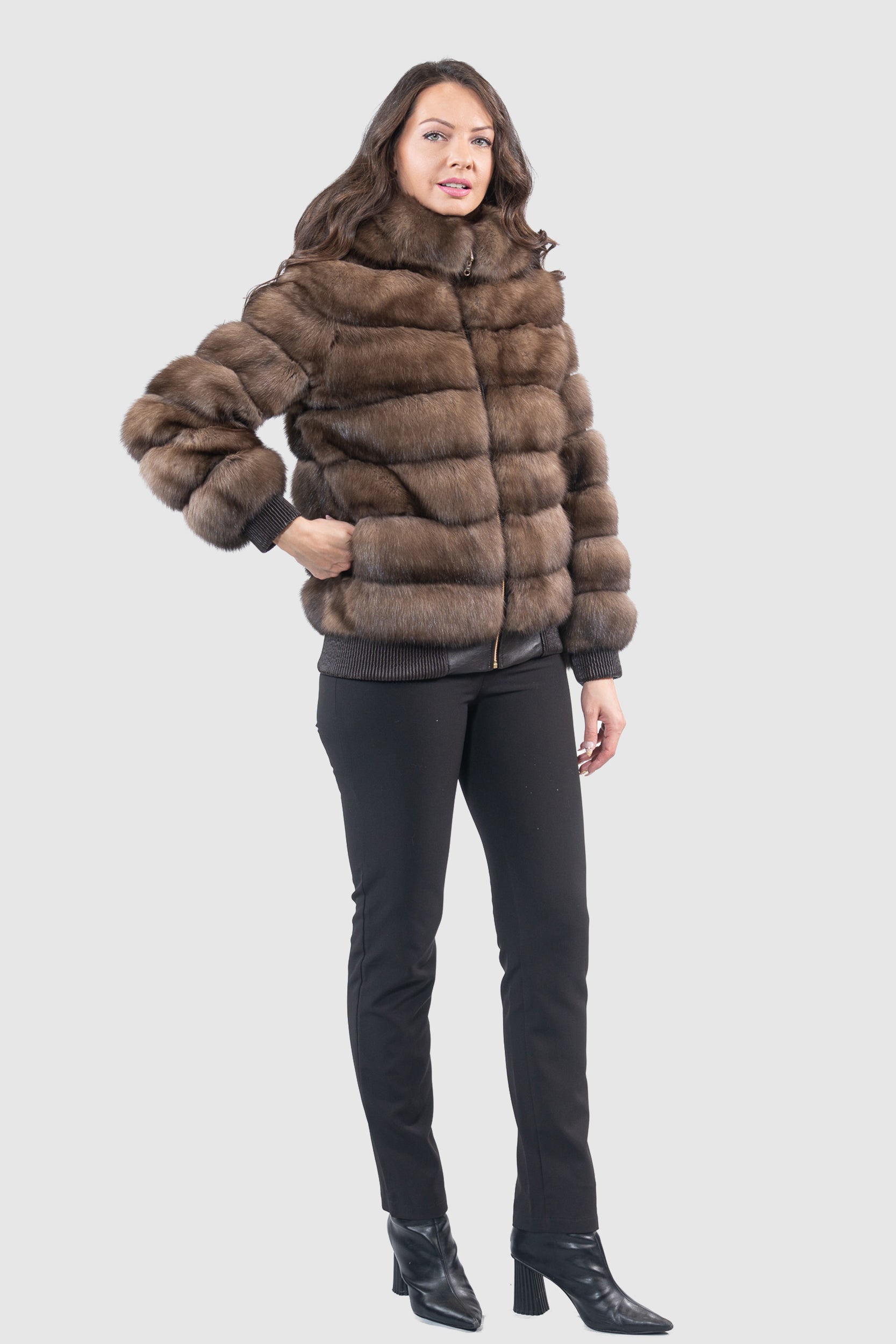 Reversible Titanium Russian Sable Bomber Jacket with Attached Hood