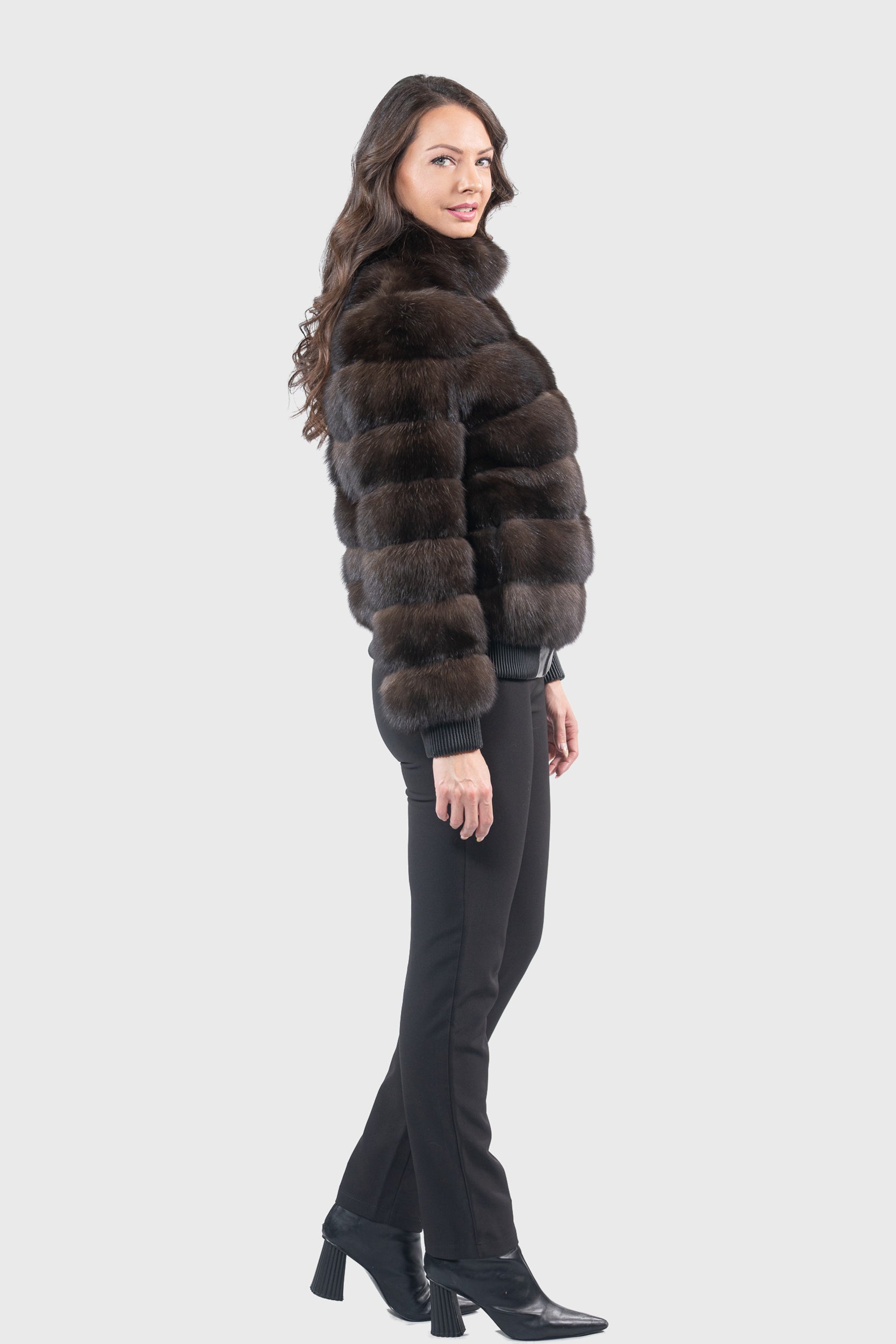 Reversible Dark Russian Sable Bomber Jacket with Stand Collar