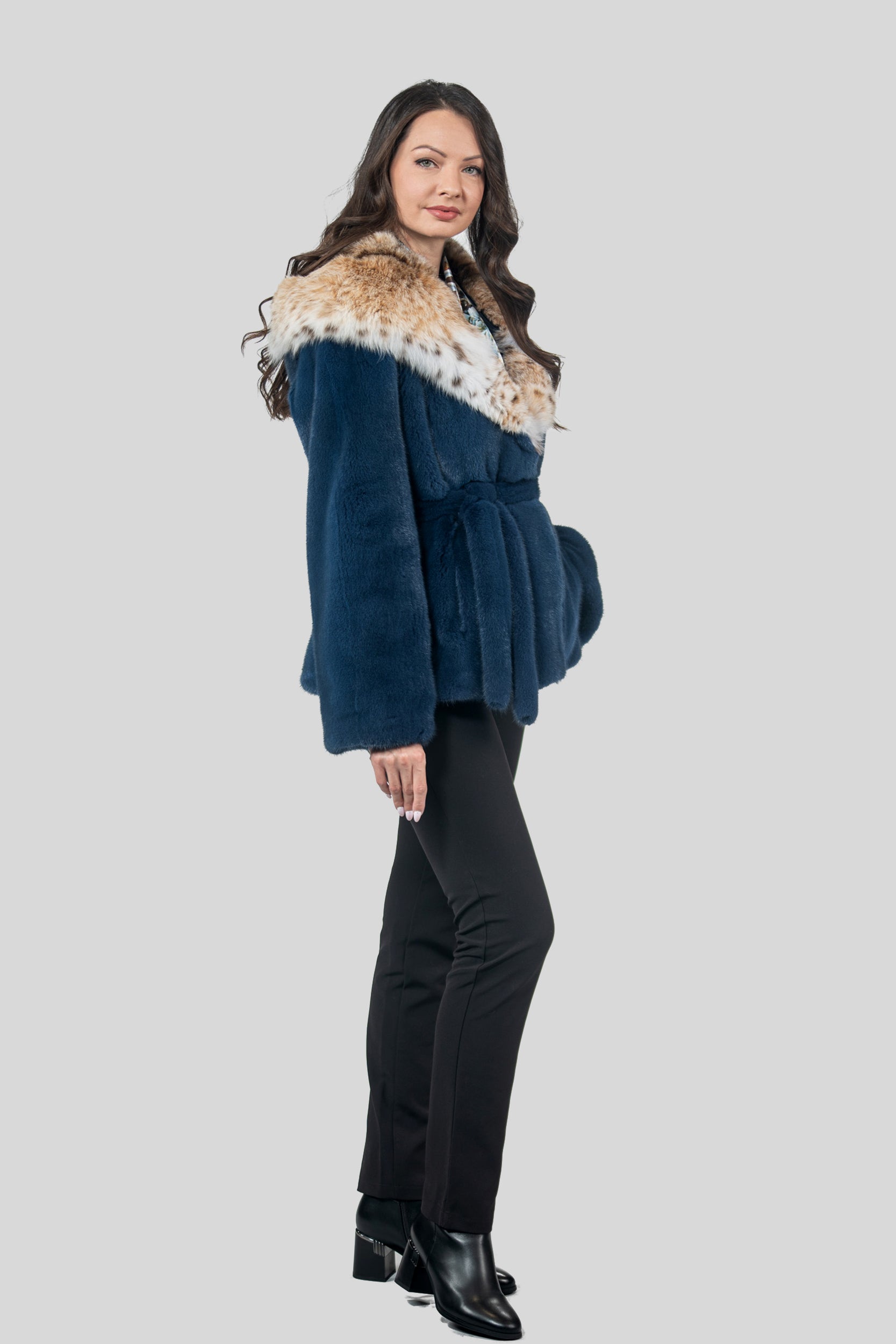 Blue Jean Mink Half Coat with Bobcat Hood
