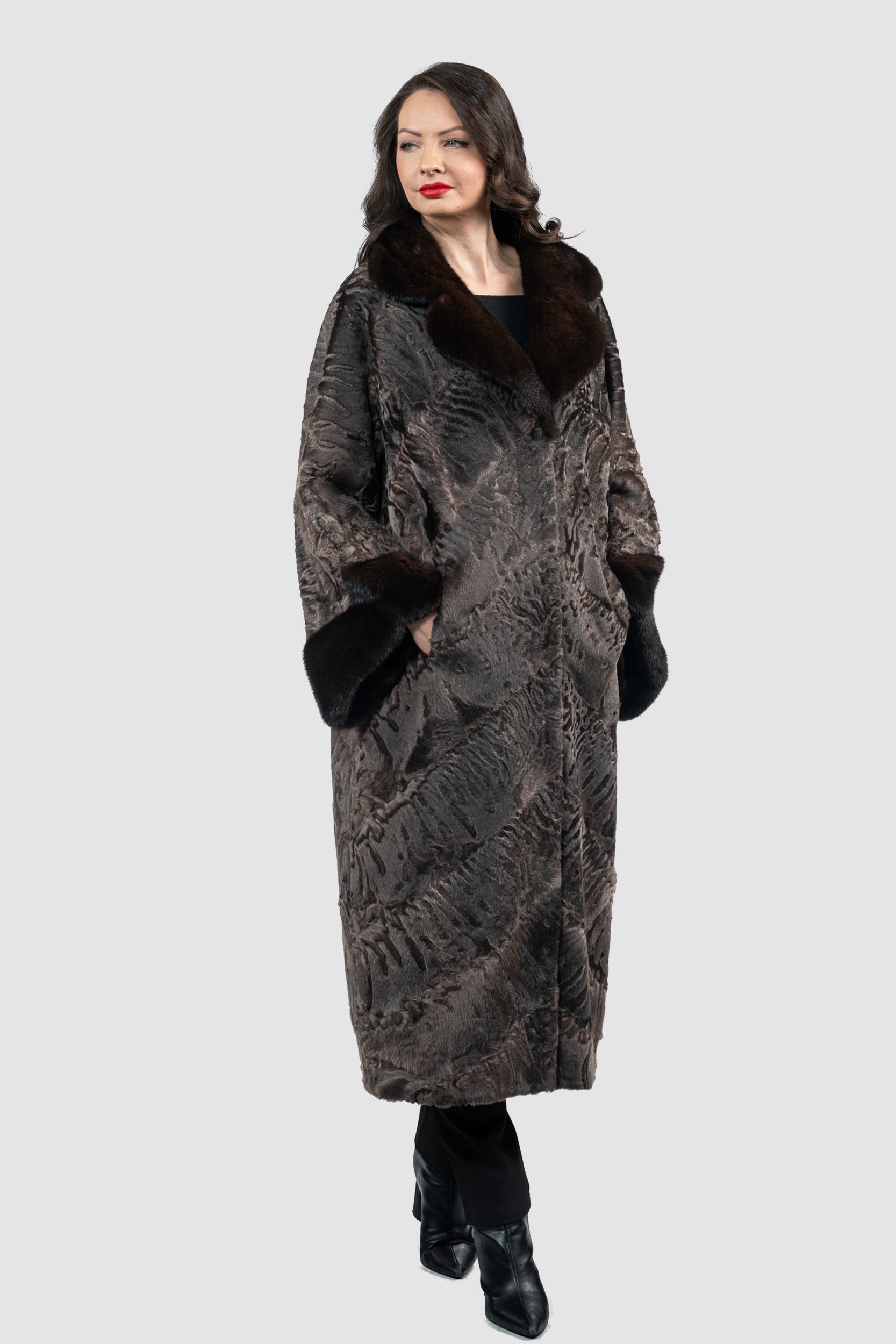 Chocolate Swakara Coat with Mink Trim