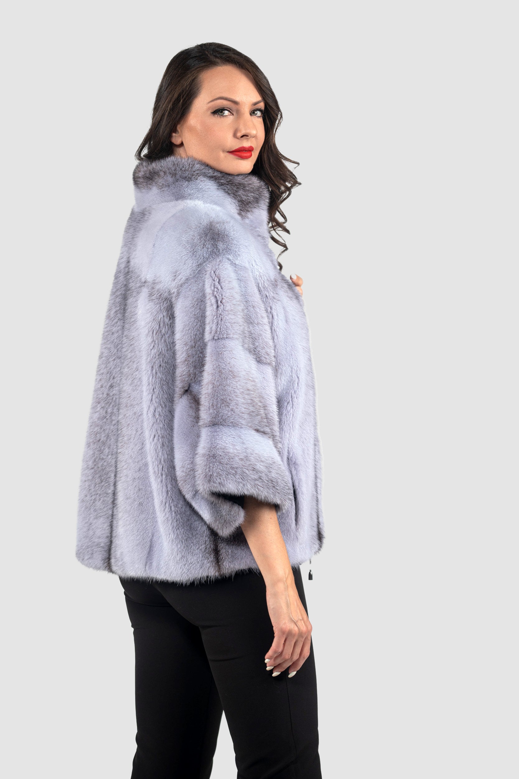 Grey Moon Cross Mink Jacket with Stand Collar and Short Sleeves