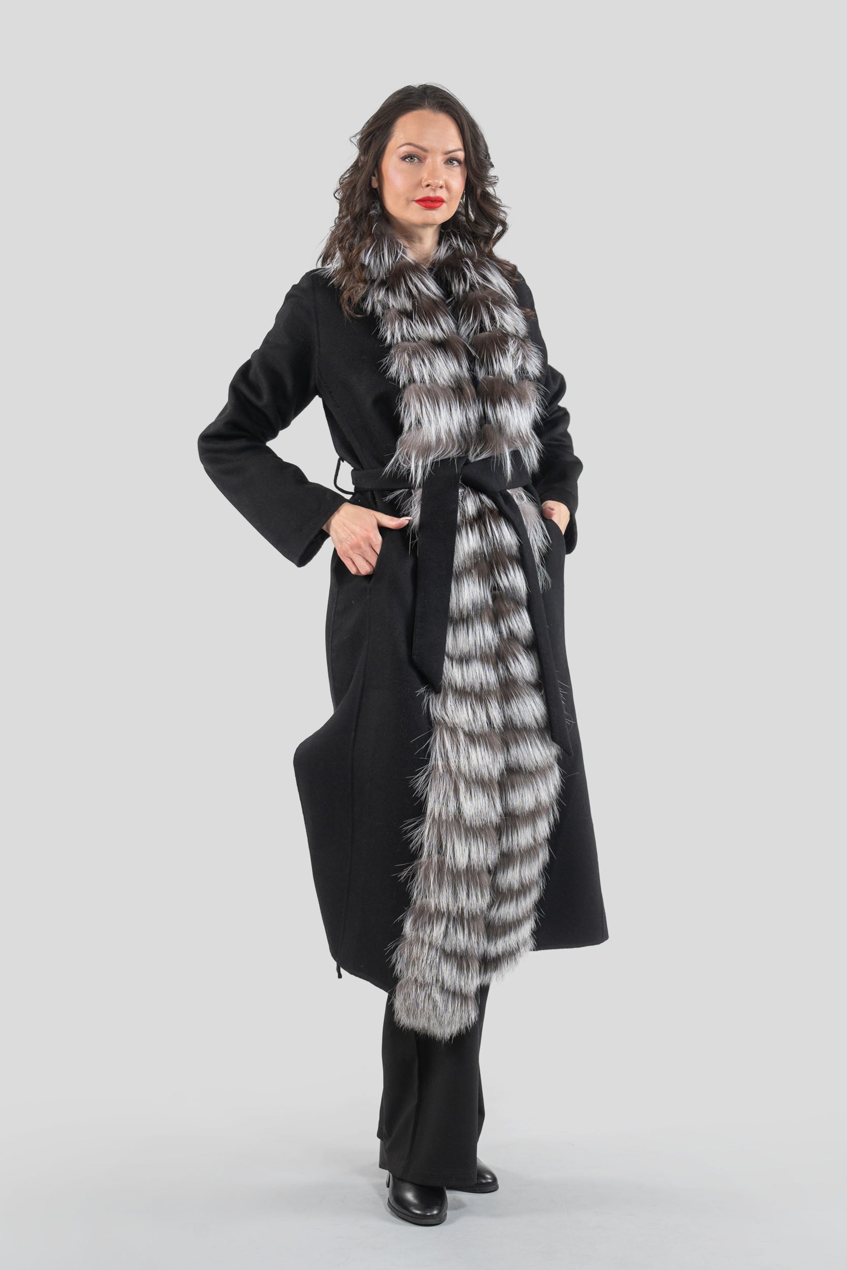 Black Cashmere Coat with Fox Trim