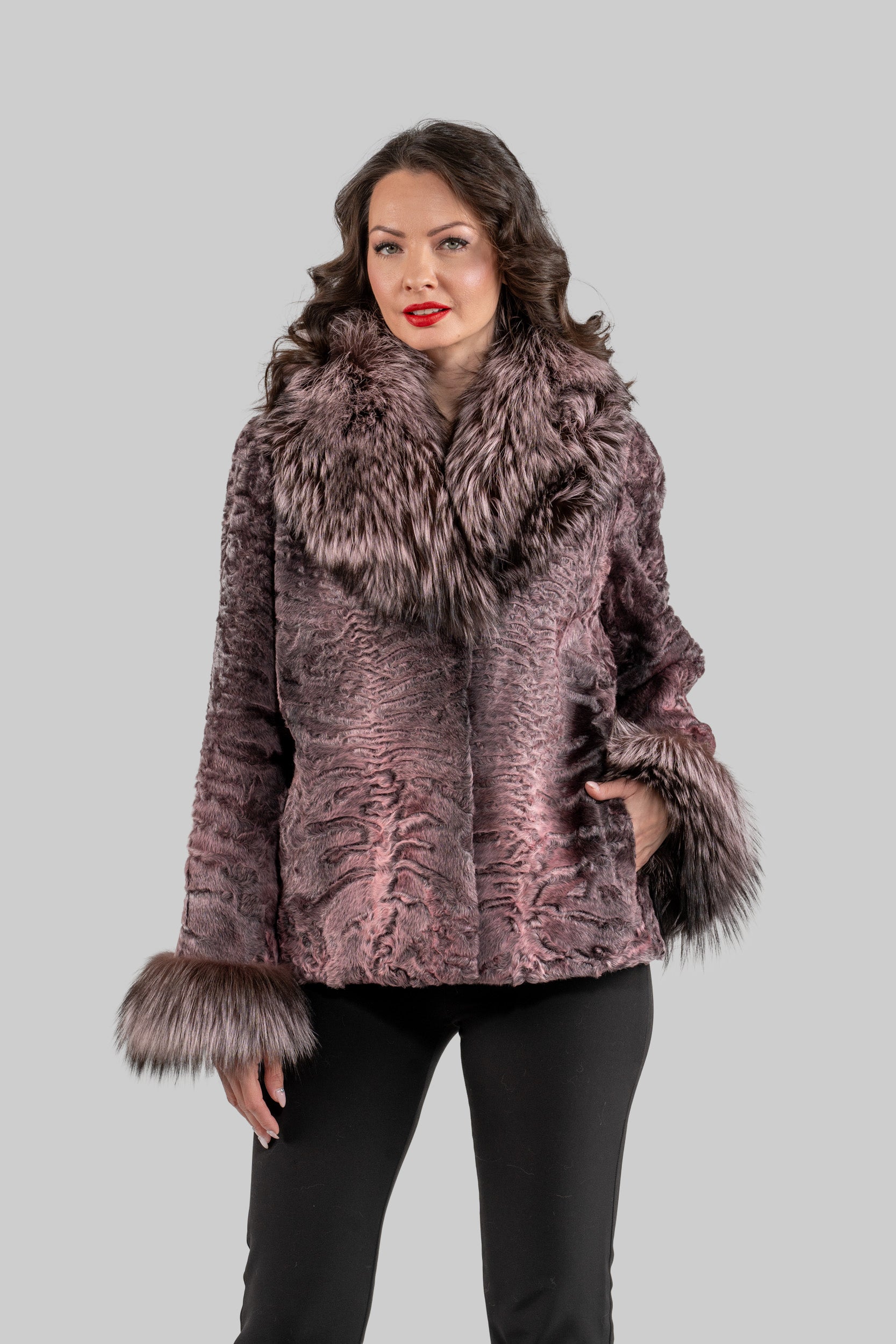 Swakara Jacket With Fox Fur Trim Notch Collar and Cuffs in Pink
