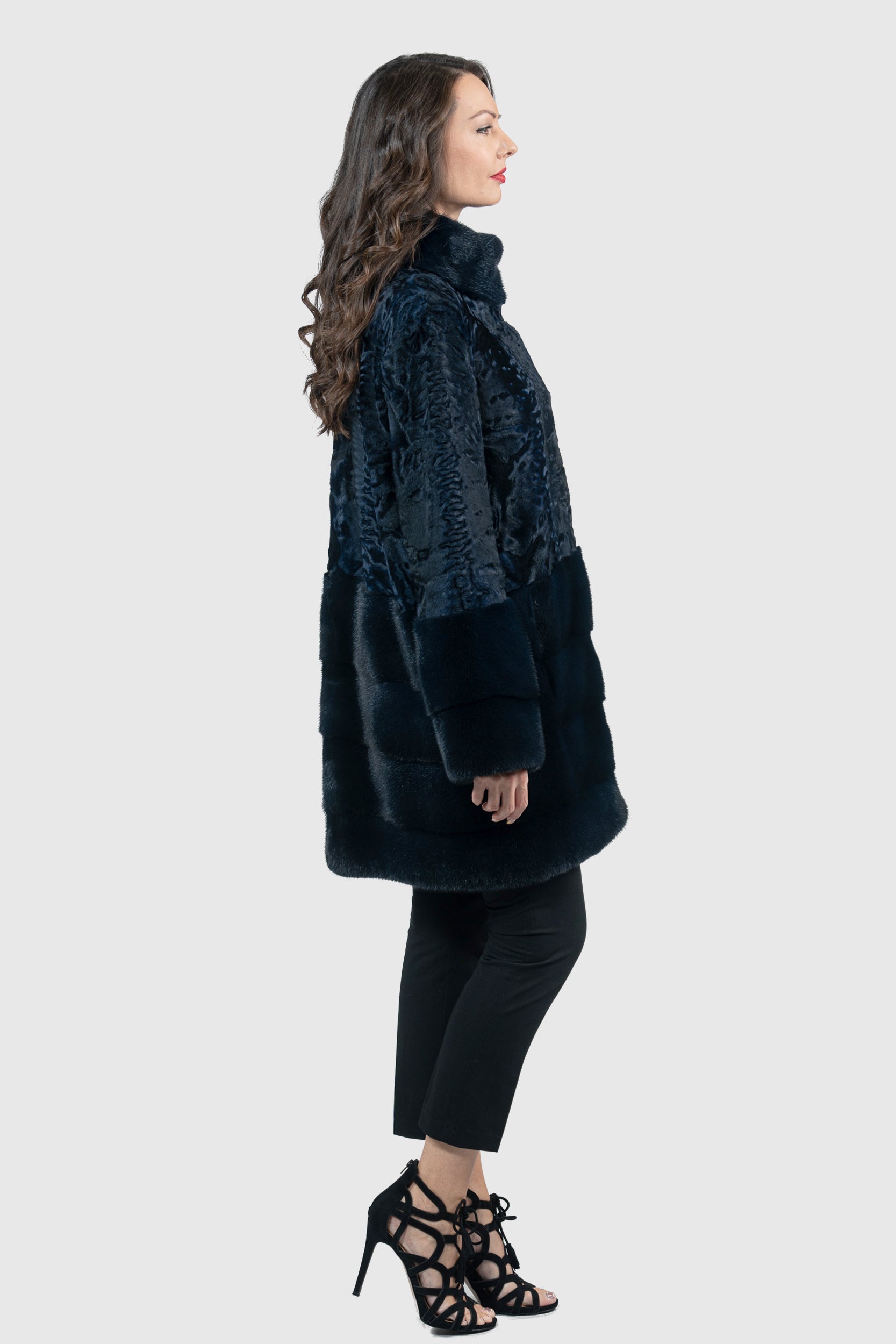 Blue Black Swakara Half Coat with Mink Trim