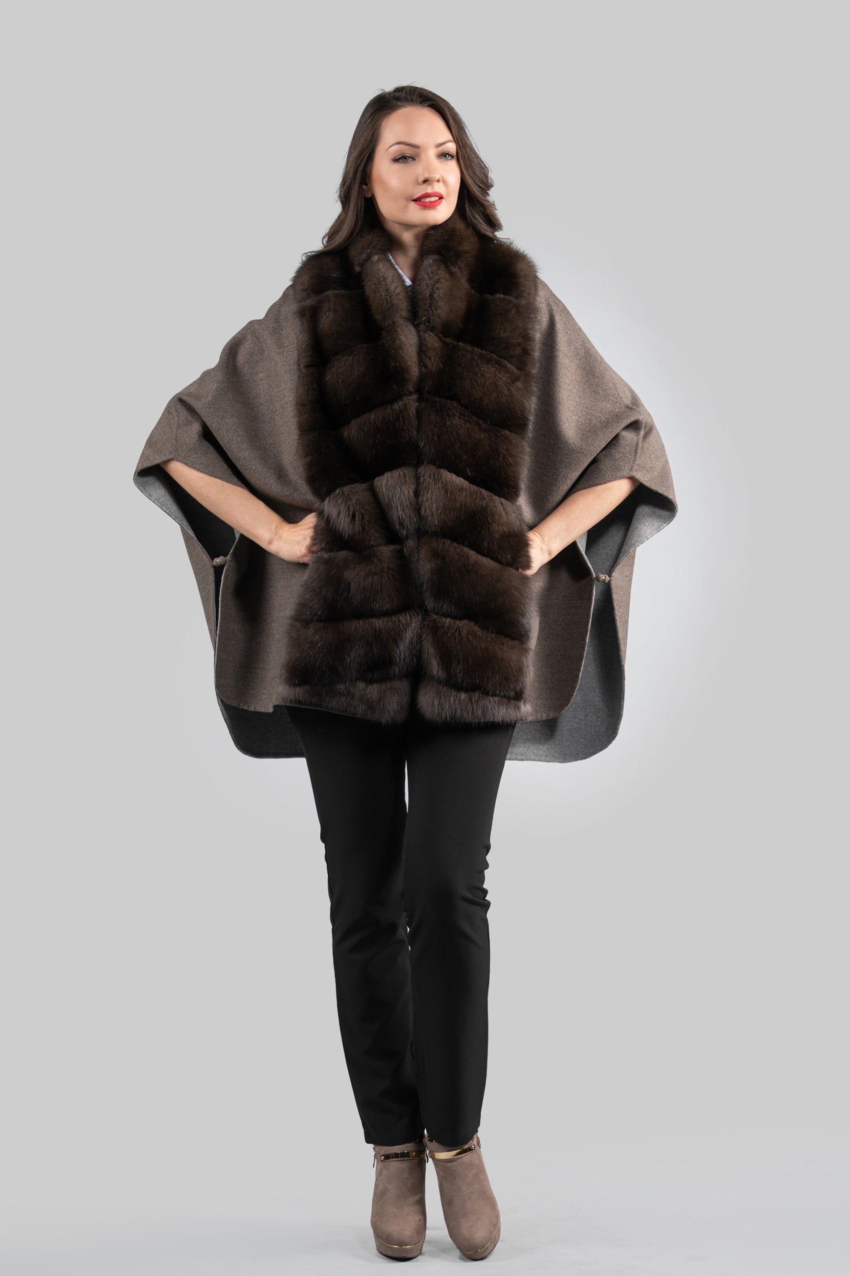Brown Gray Cashmere Cape with Russian Sable Trim