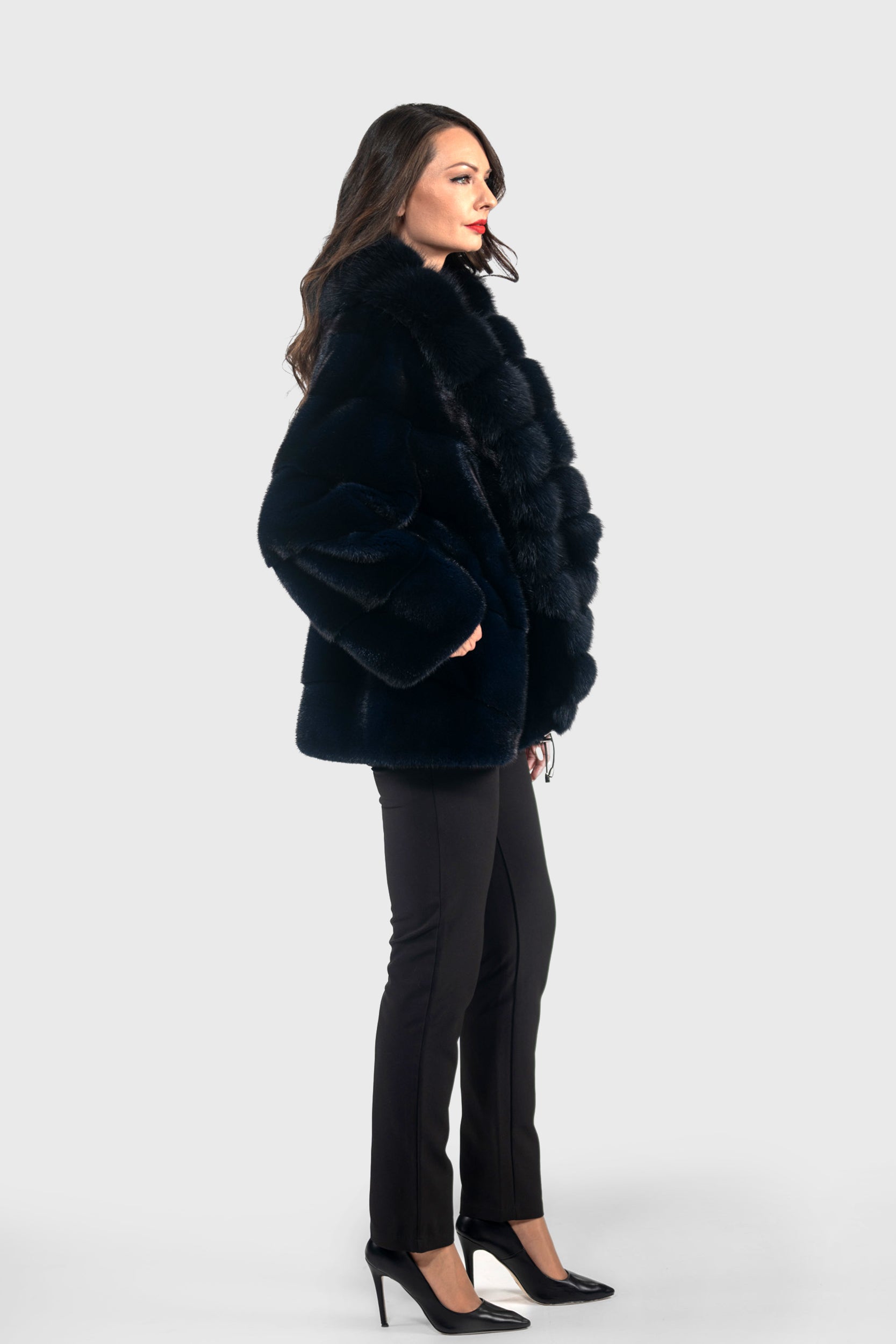 Blue Black Mink Half Coat with Extended Baumarten Shawl Collar
