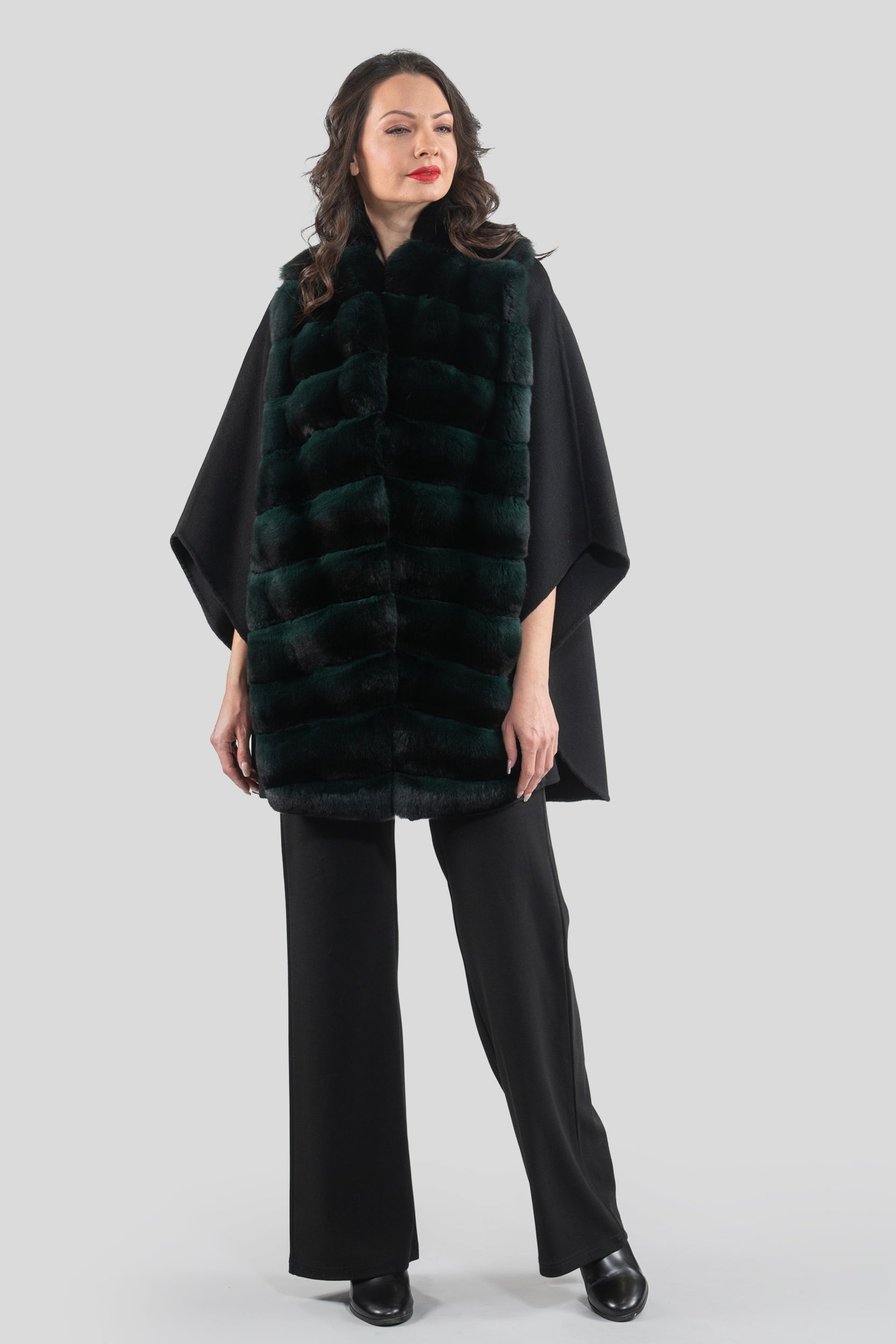 Black Cashmere Cape with Green Chinchilla Trim