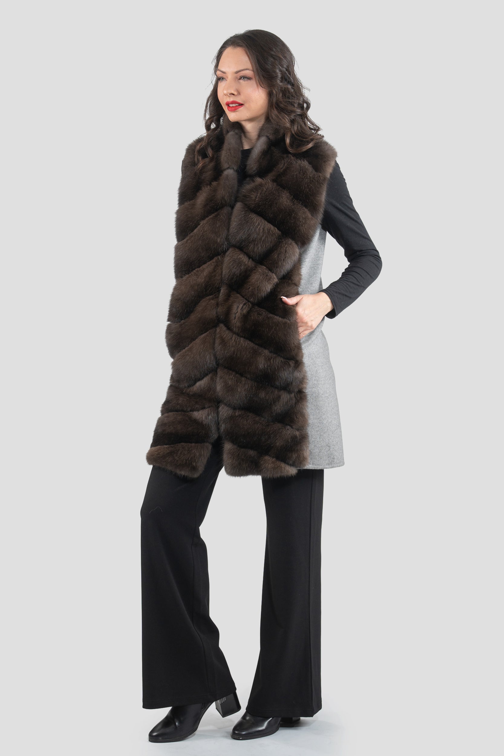 Grey Cashmere Vest with Russian Sable Trim