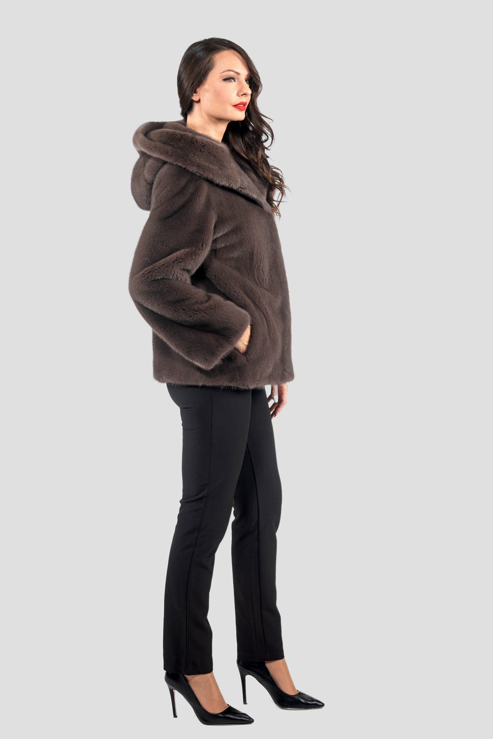 Wood Mink Jacket with Attached Hood