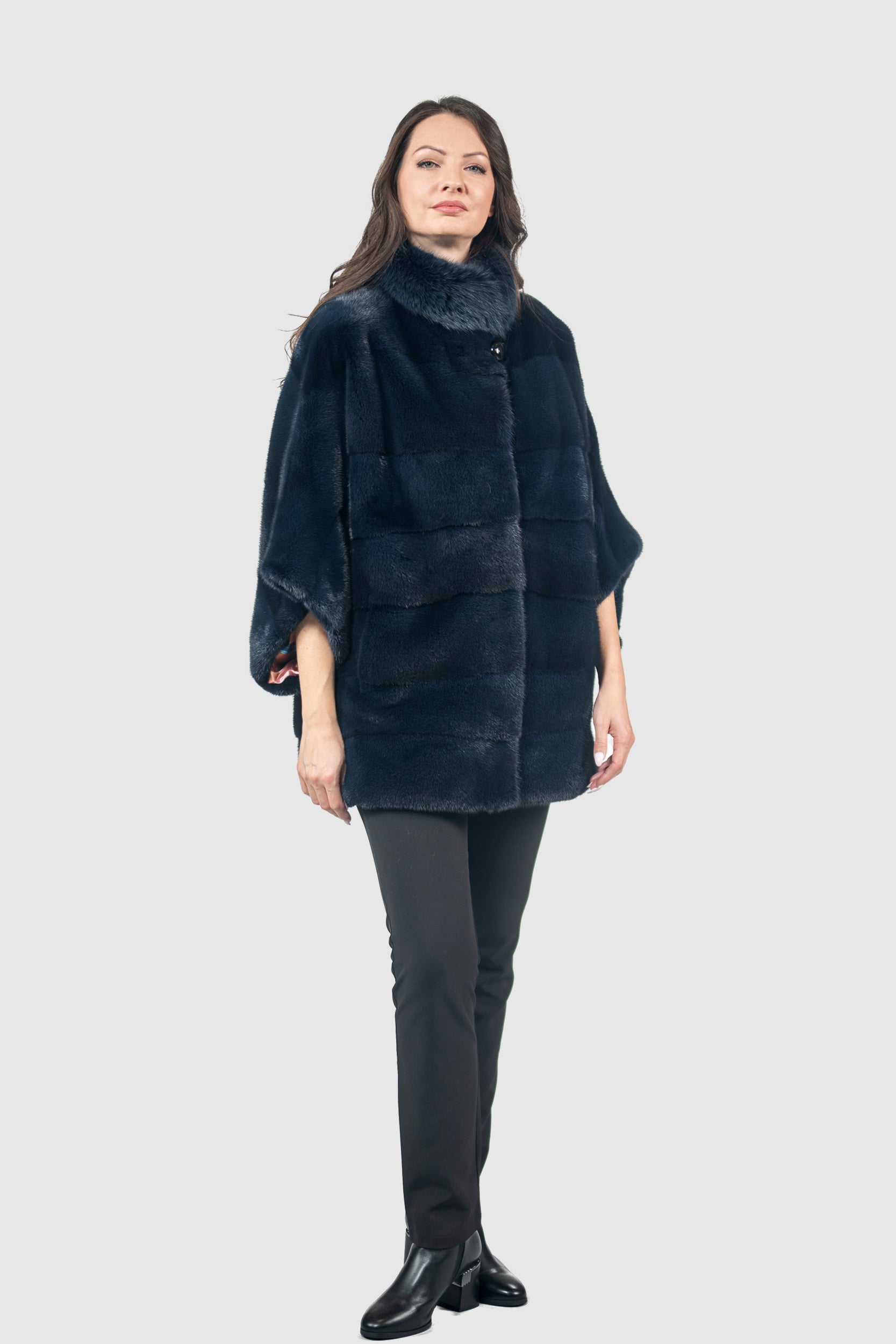 Blue Black Mink Cape with Russian Sable Stand Collar