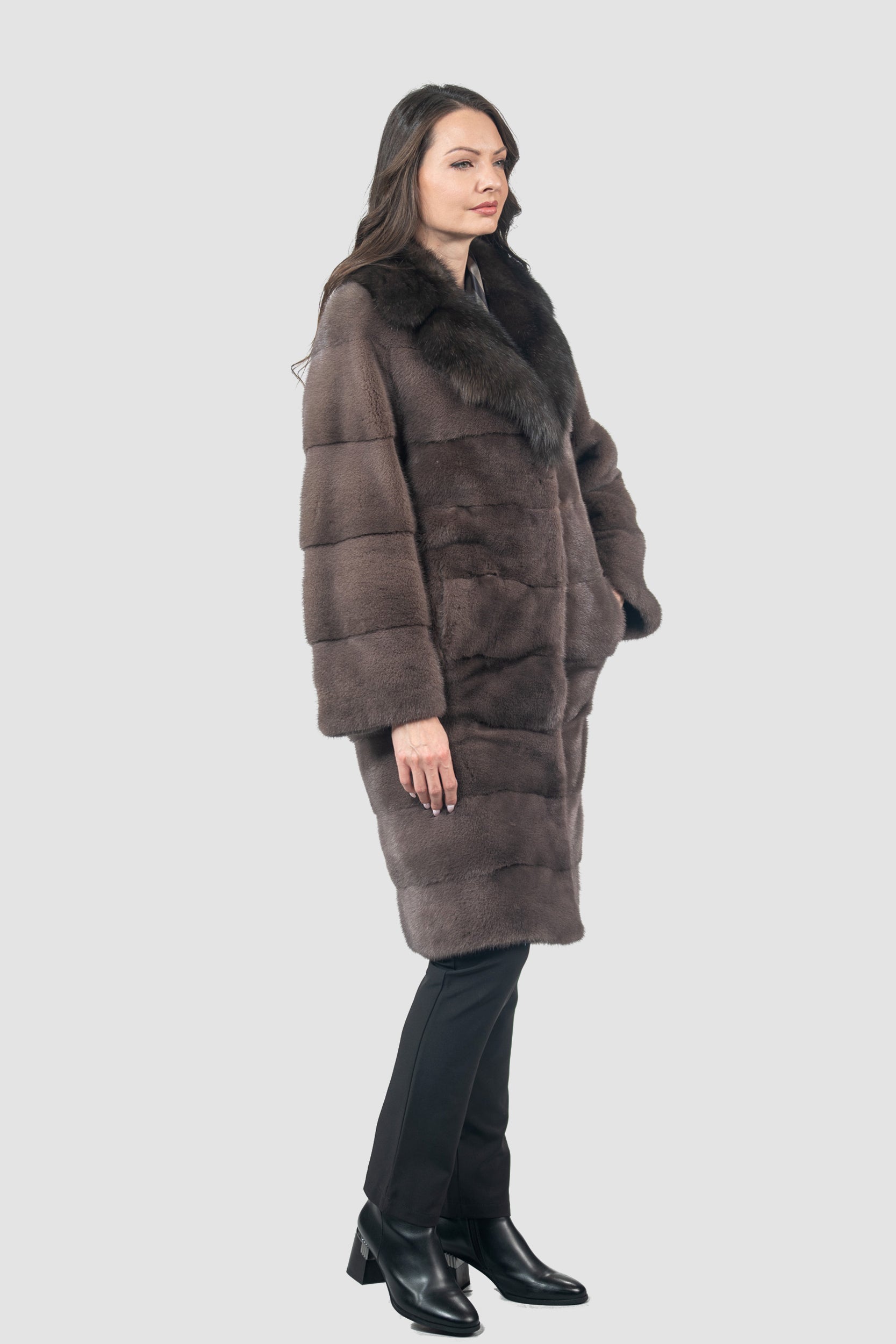 Wood Mink Half Coat with Russian Sable Notch Collar