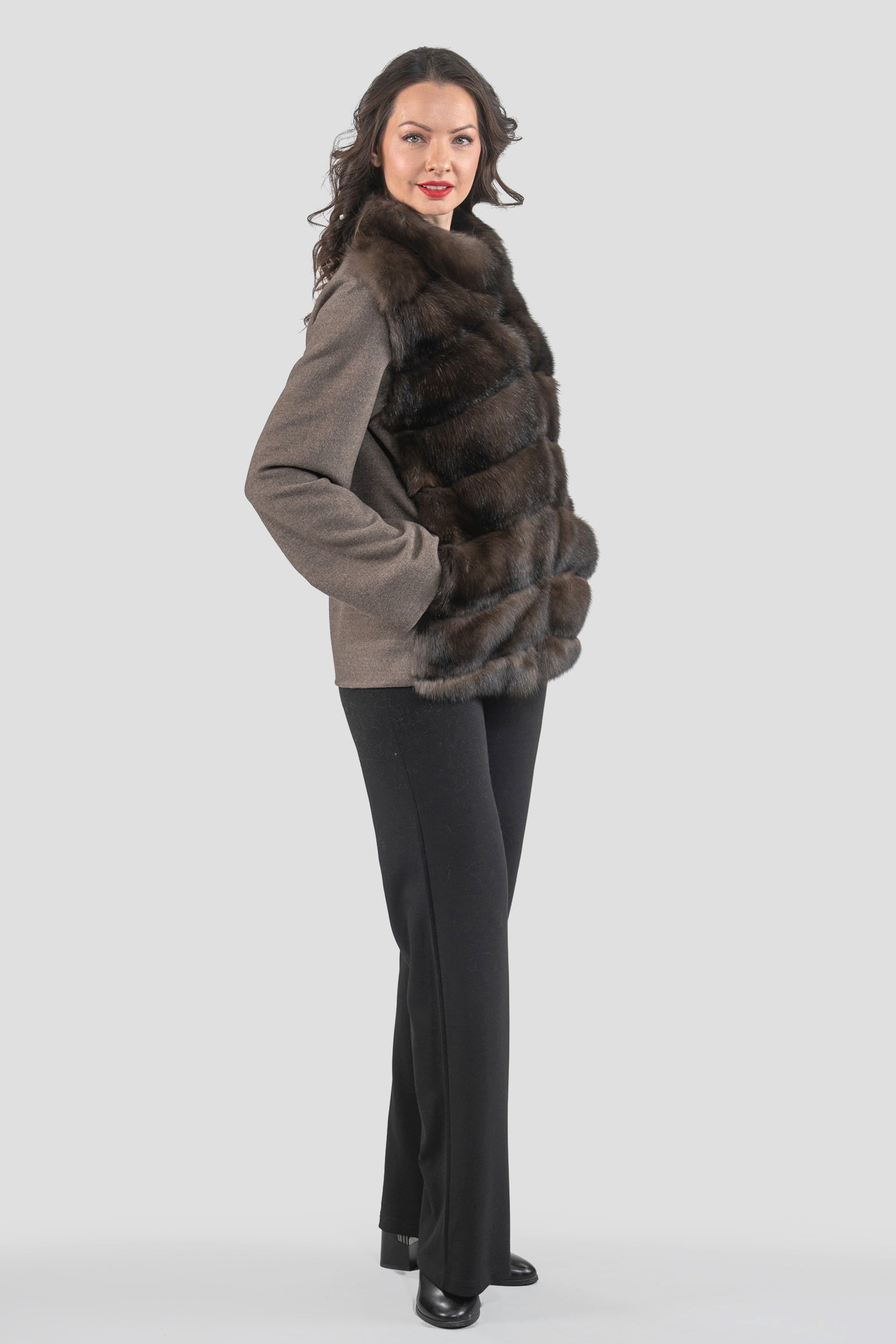 Brown Grey Cashmere Jacket with Baumarten Fur Trim