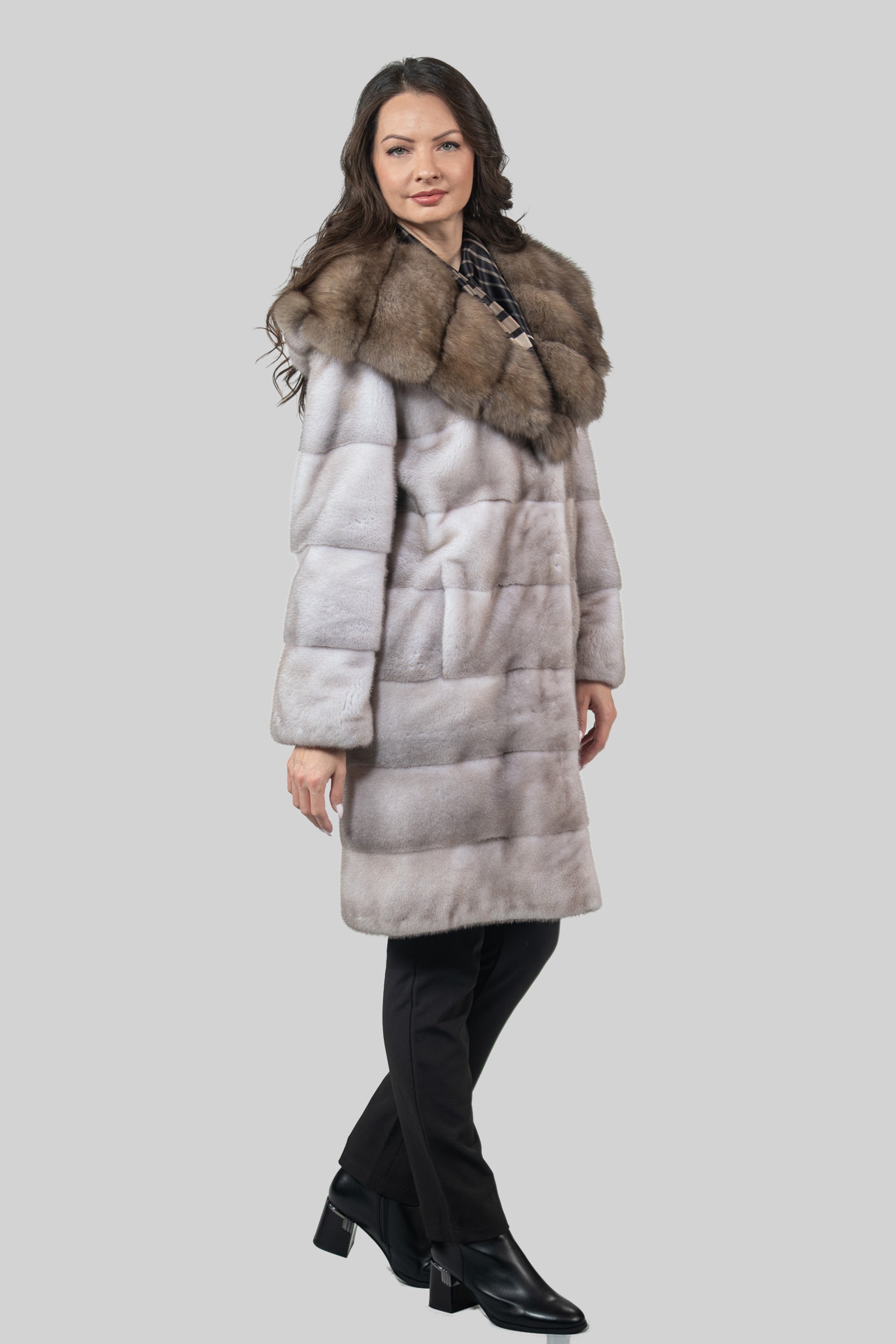 Silver Blue Mink Half Coat With Russian Sable Hood