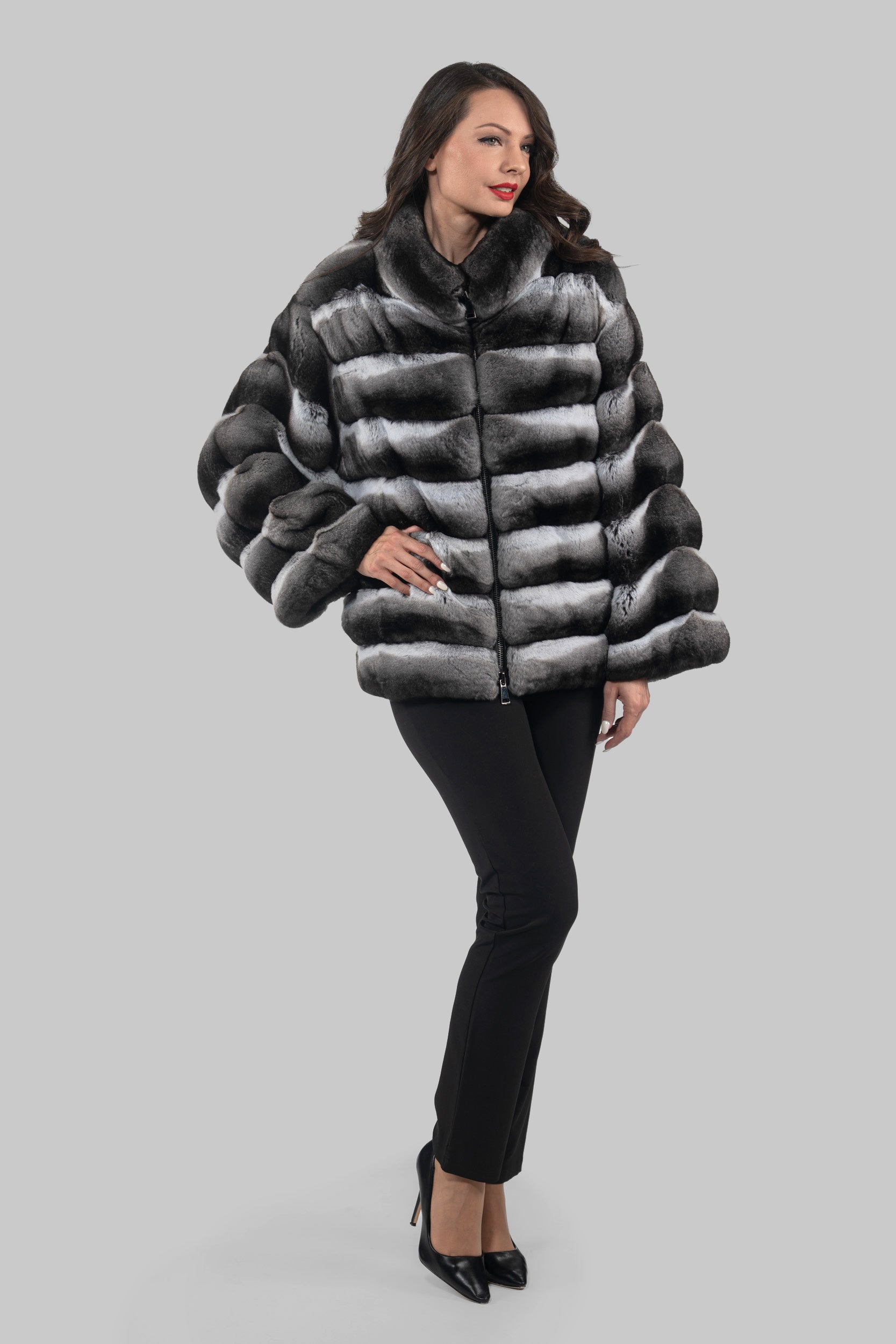 Chinchilla Jacket with Stand Collar and Zipper
