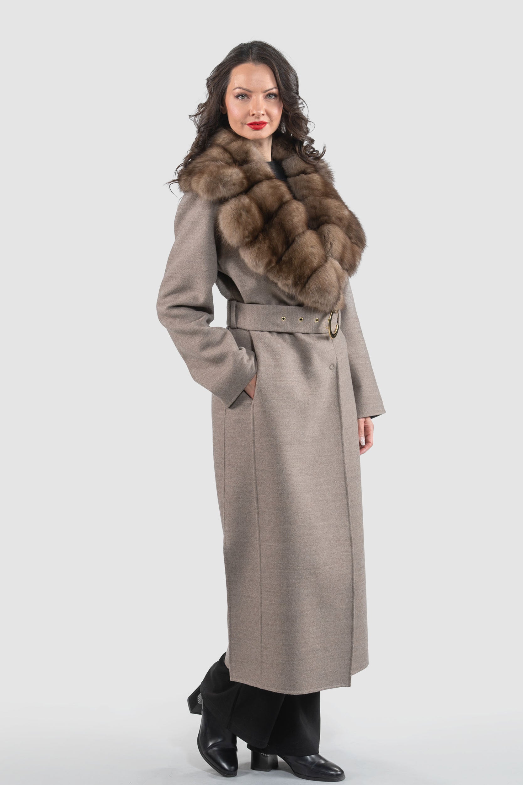 Grey Brown Cashmere Coat with Russian Sable Notch Collar
