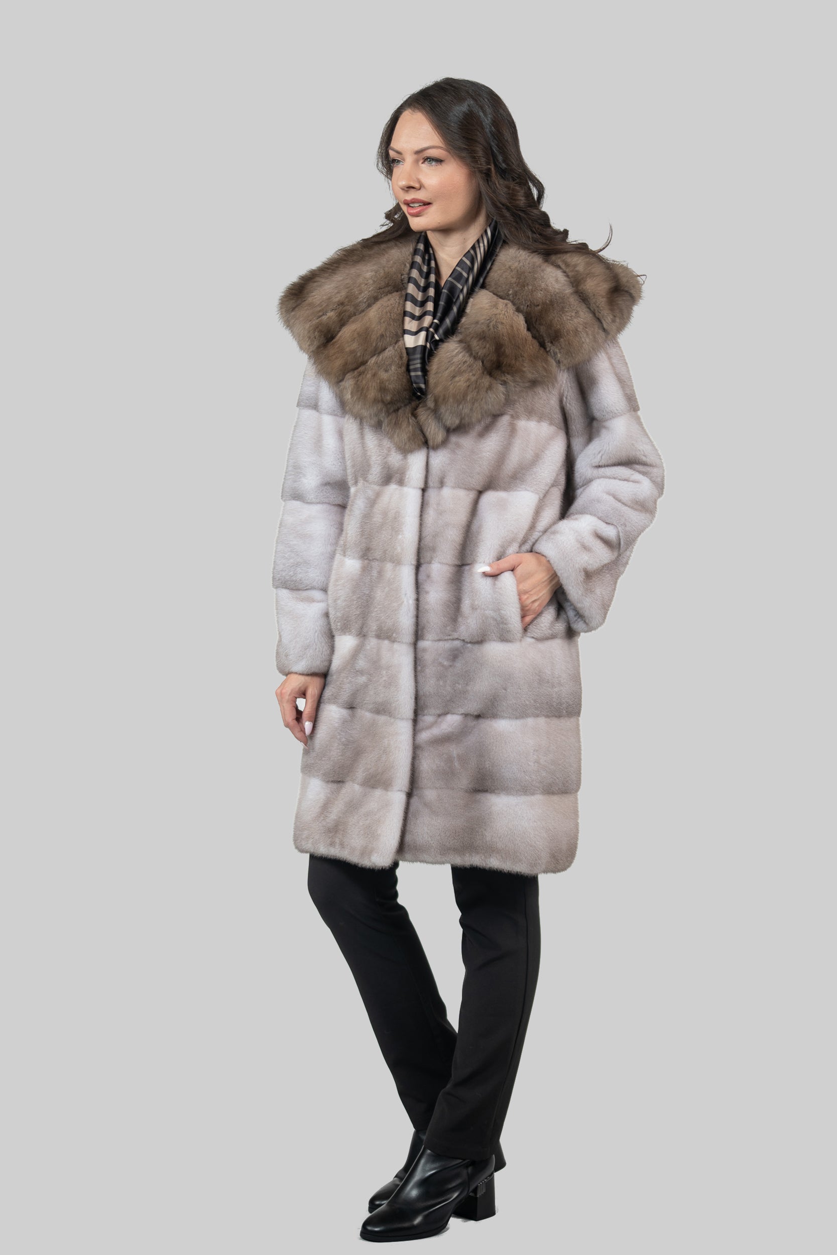 Silver Blue Mink Half Coat With Russian Sable Hood