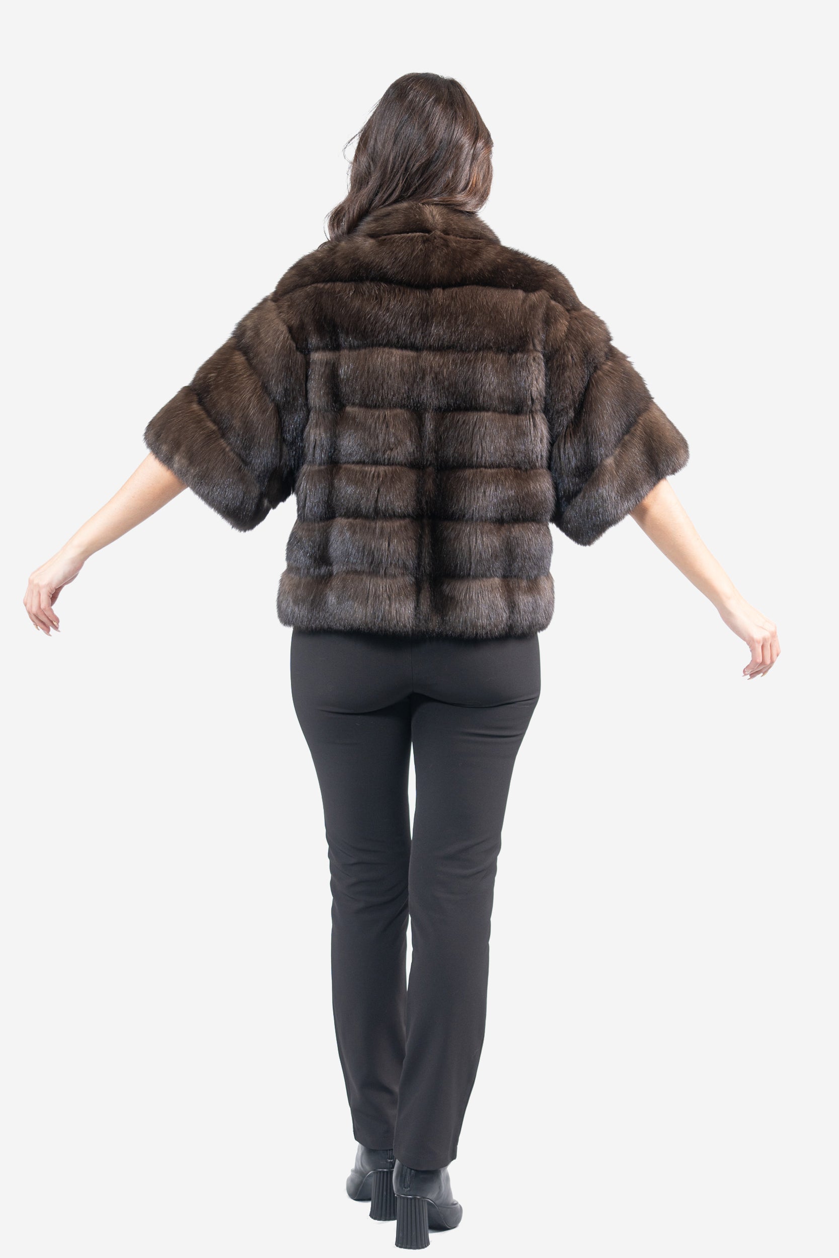 Dark Russian Sable Jacket with Stand Collar and Short Sleeves