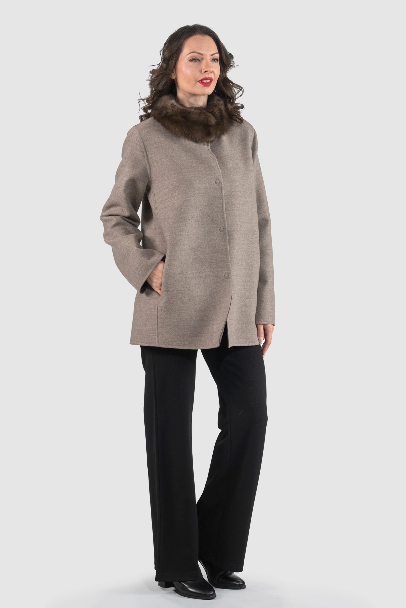 Grey Brown Cashmere Jacket with Russian Sable Stand Collar