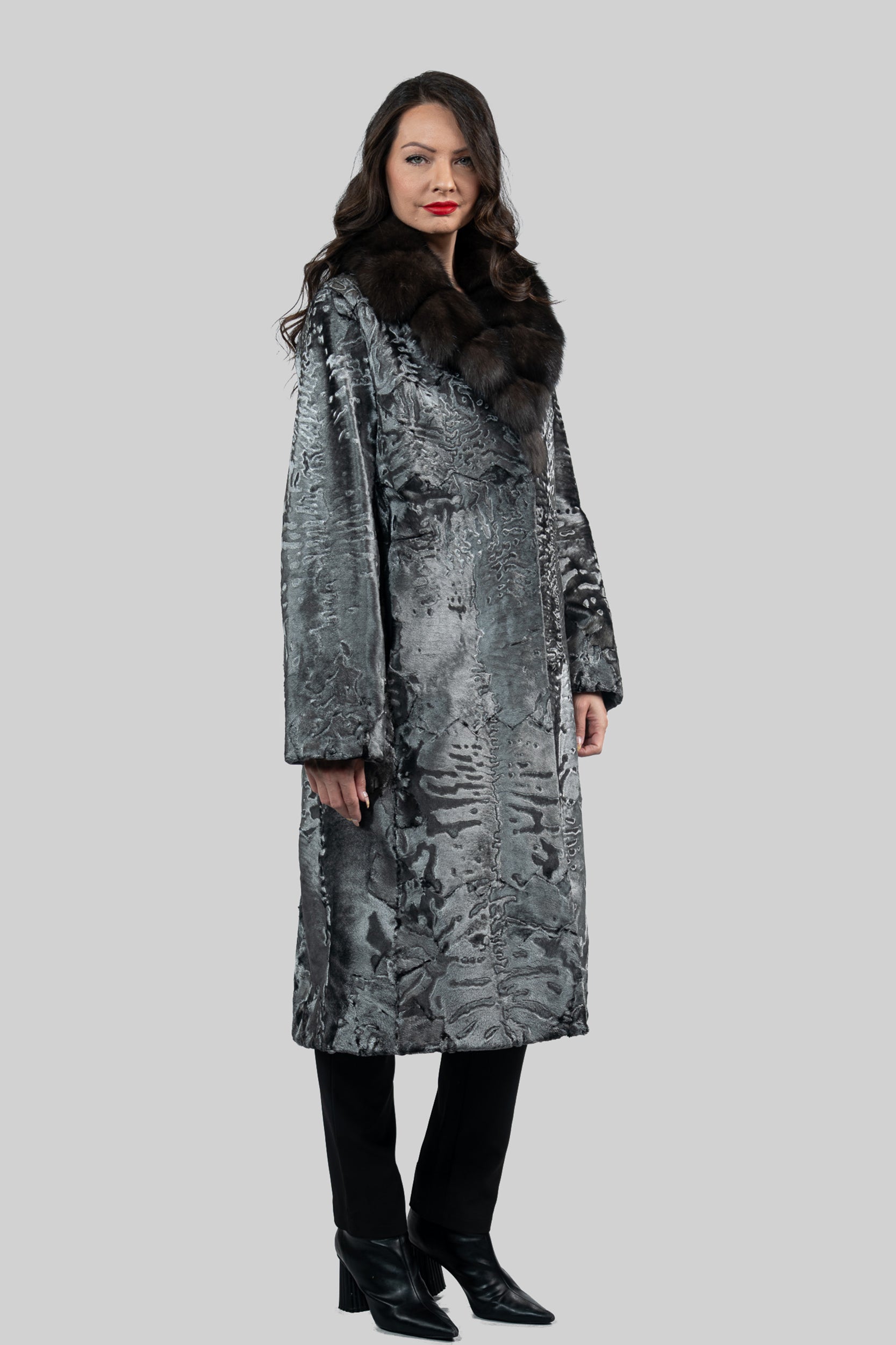 Shadow Grey Swakara Coat with Russian Sable Notch Collar
