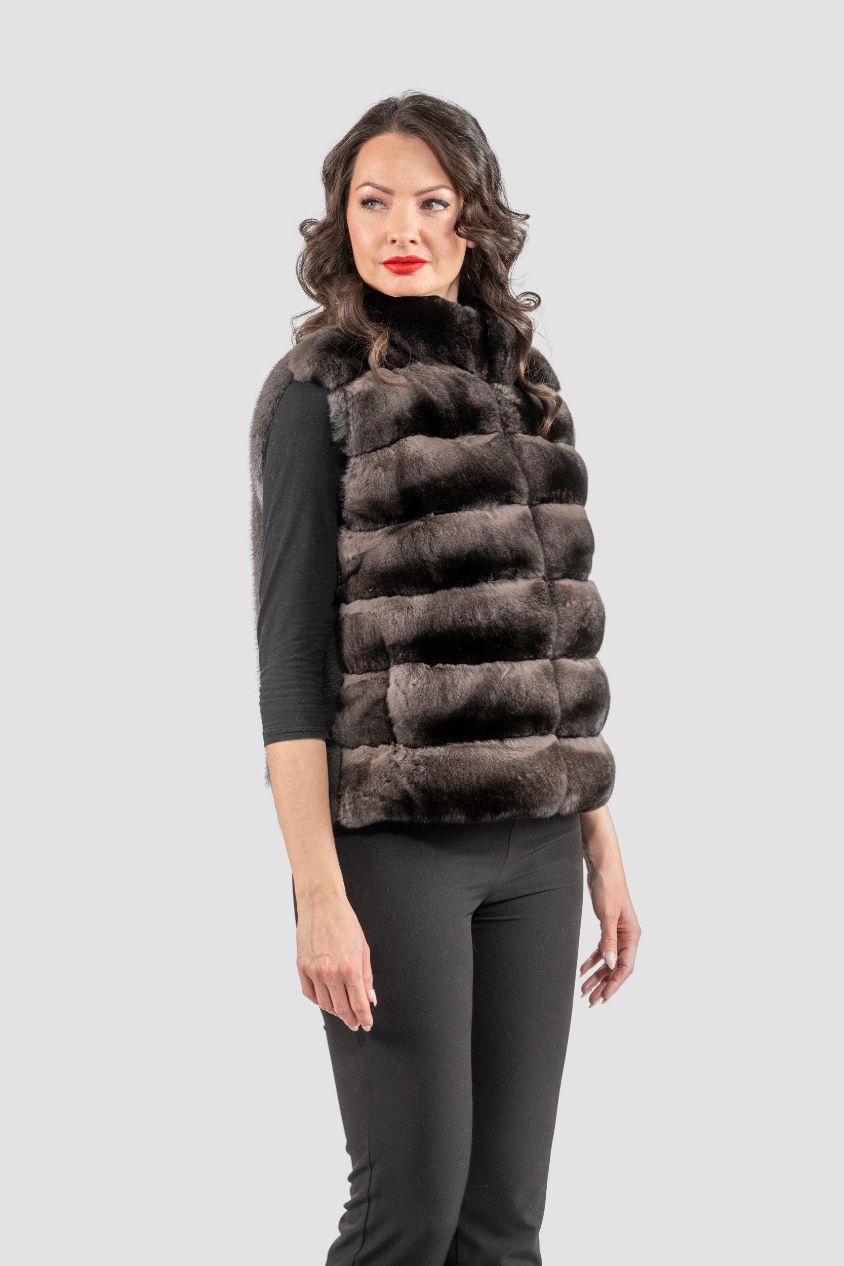 Smokey Chinchilla Fur Vest with Stand Collar and Mink Trim