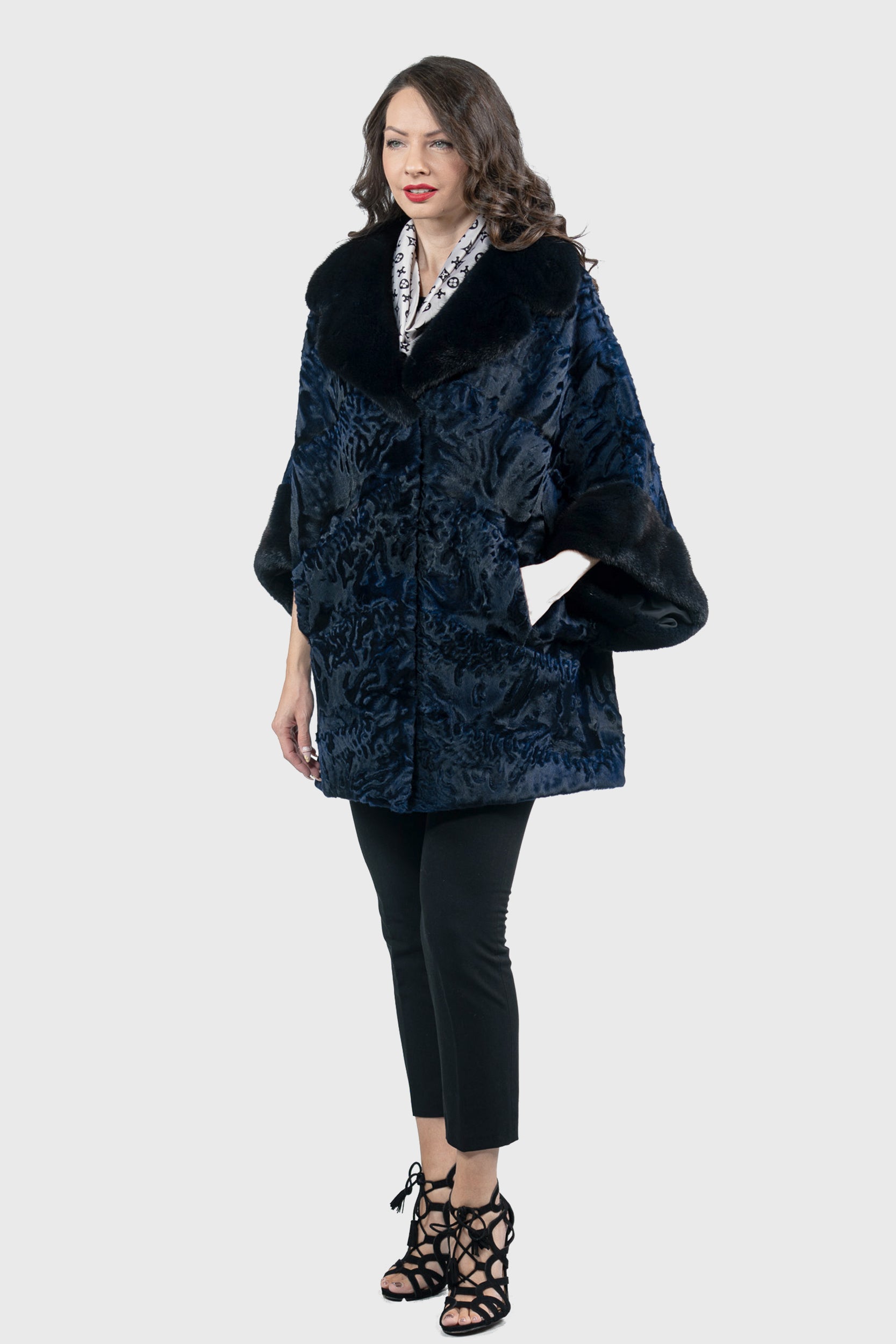 Blue Black Swakara Cape with Mink Notch Collar