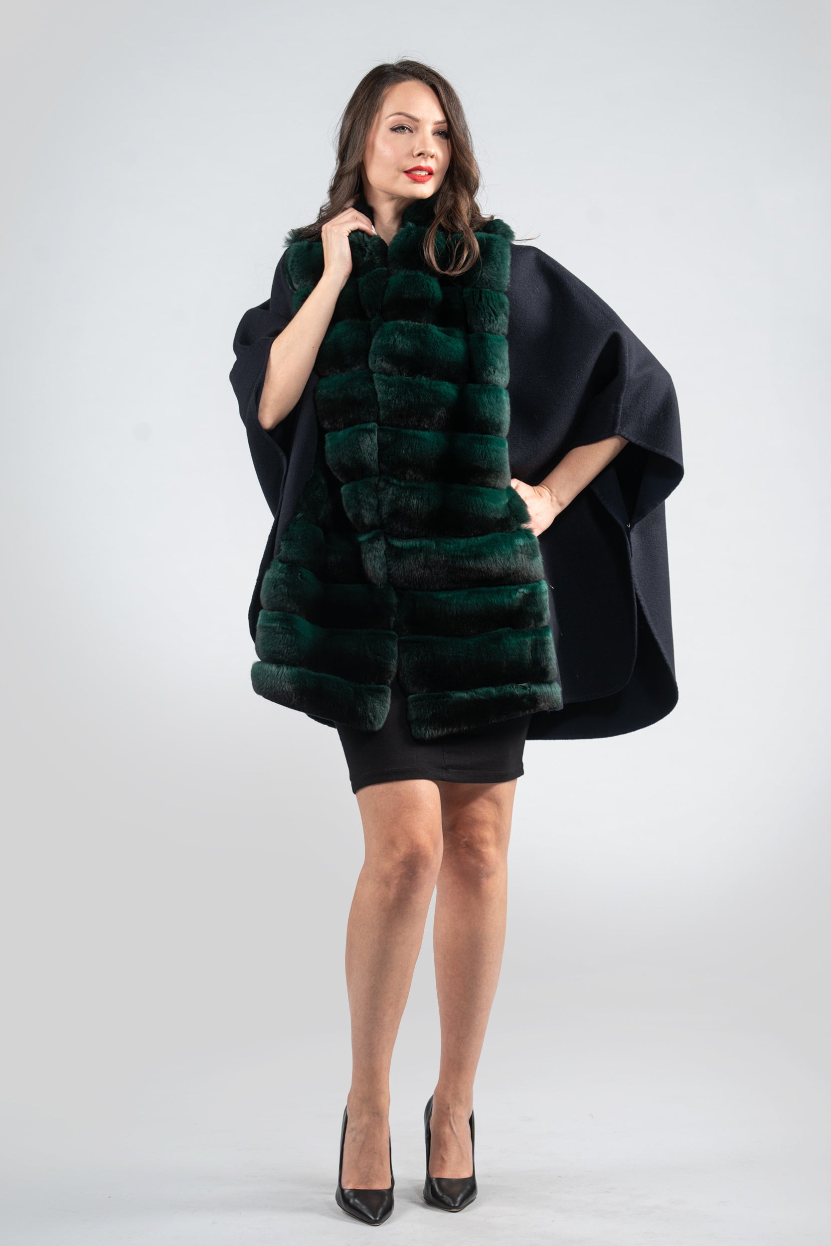 Blue Black Cashmere Cape with Chinchilla Trim