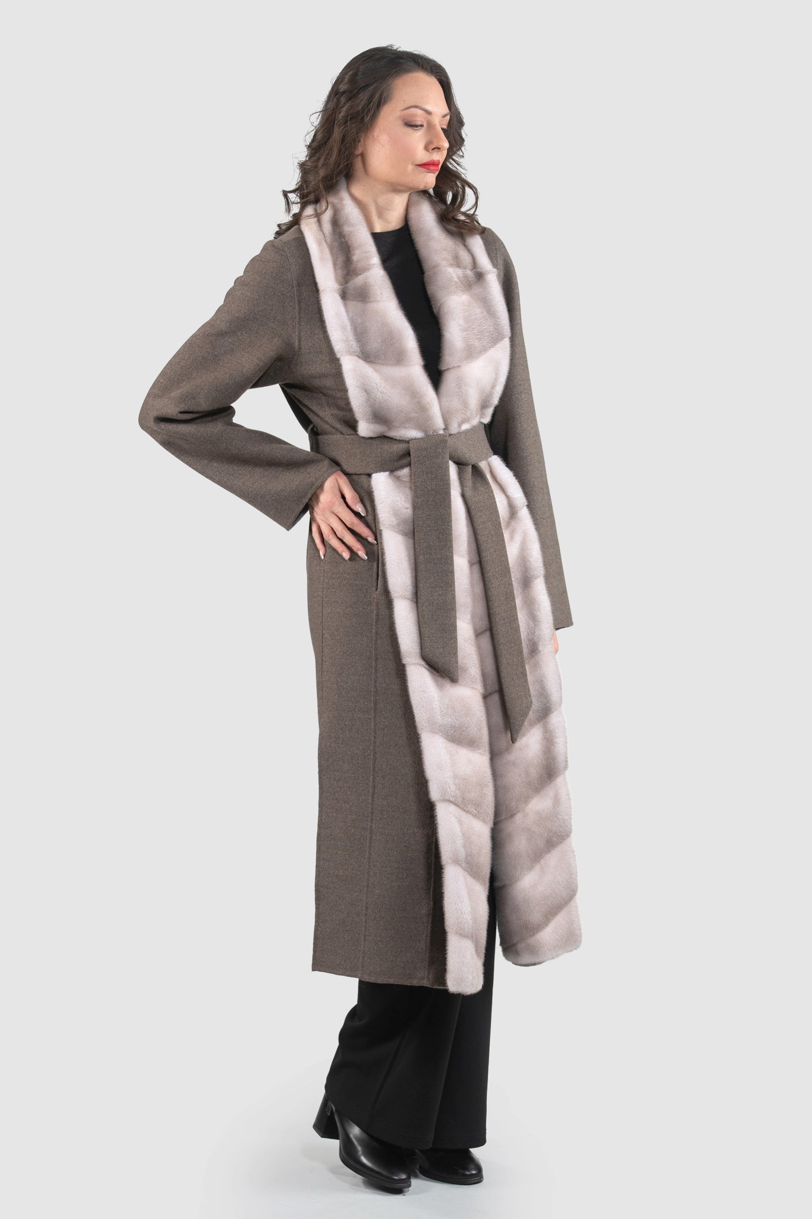 Brown Grey Cashmere Coat with Mink Trim