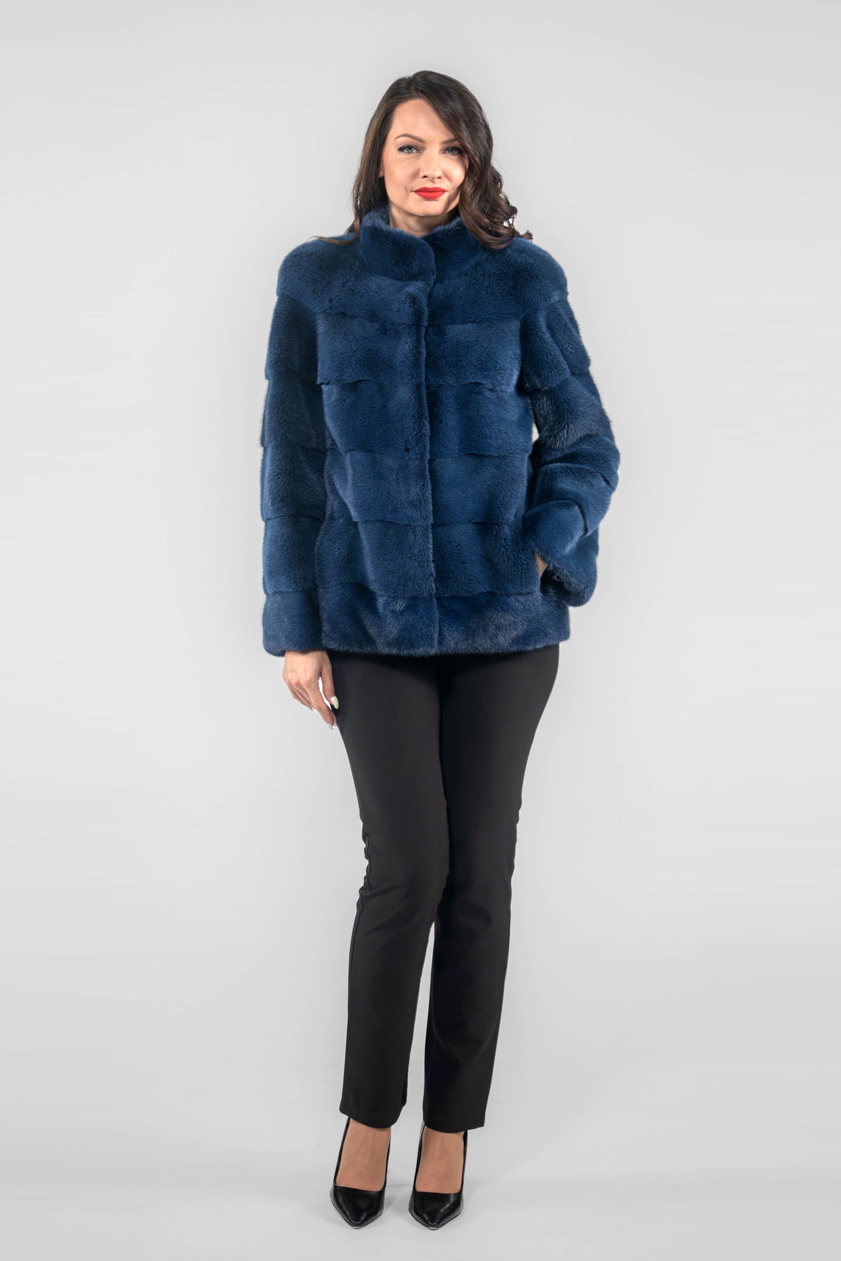 Blue Black Mink Jacket with Stand Collar