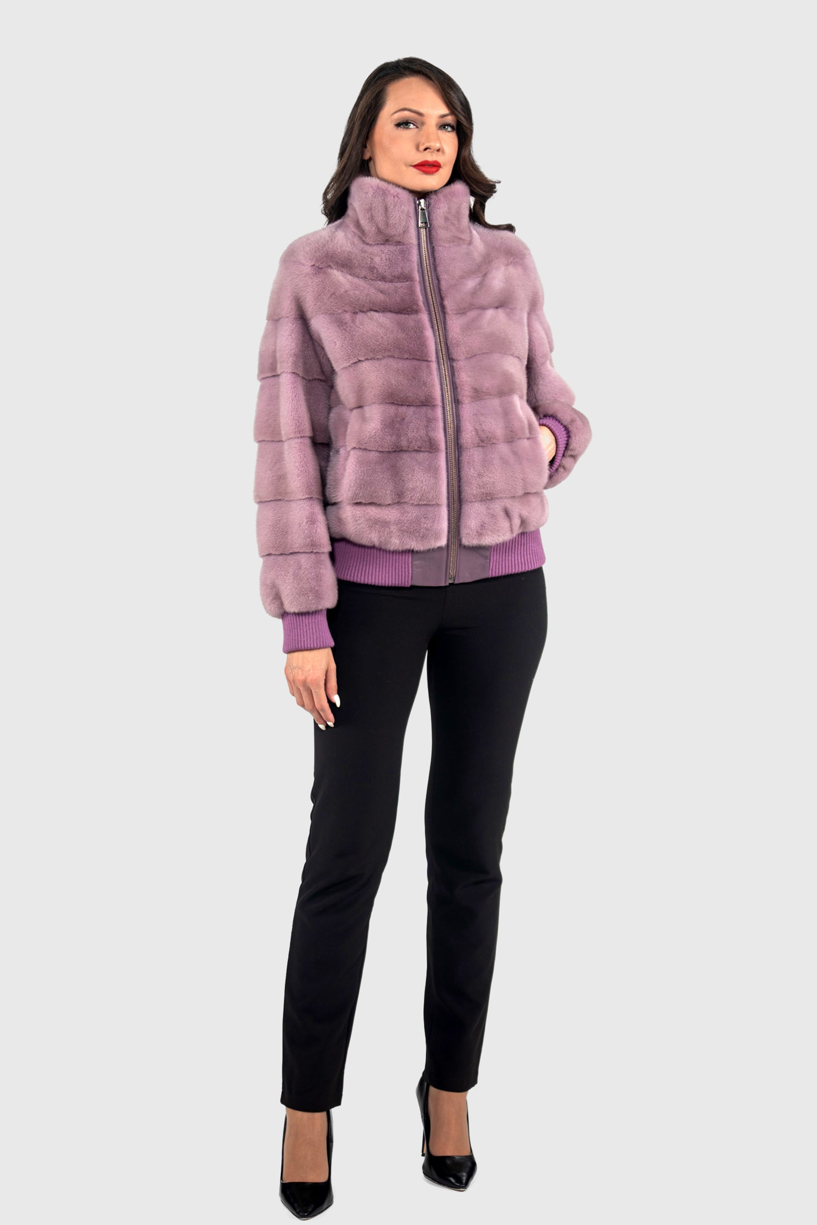 Violet Mink Bomber Jacket with Stand Collar