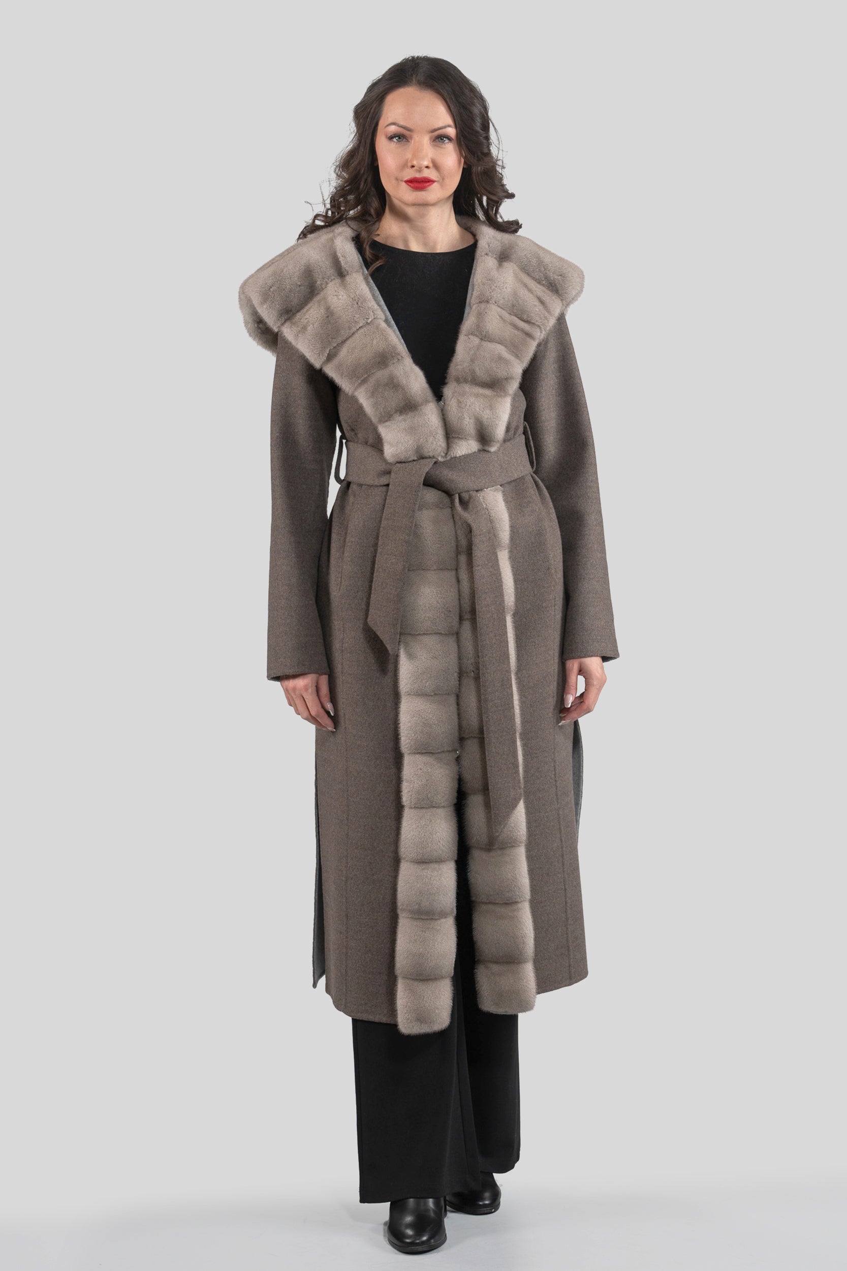 Grey Brown Cashmere Hooded Coat with Mink Trim