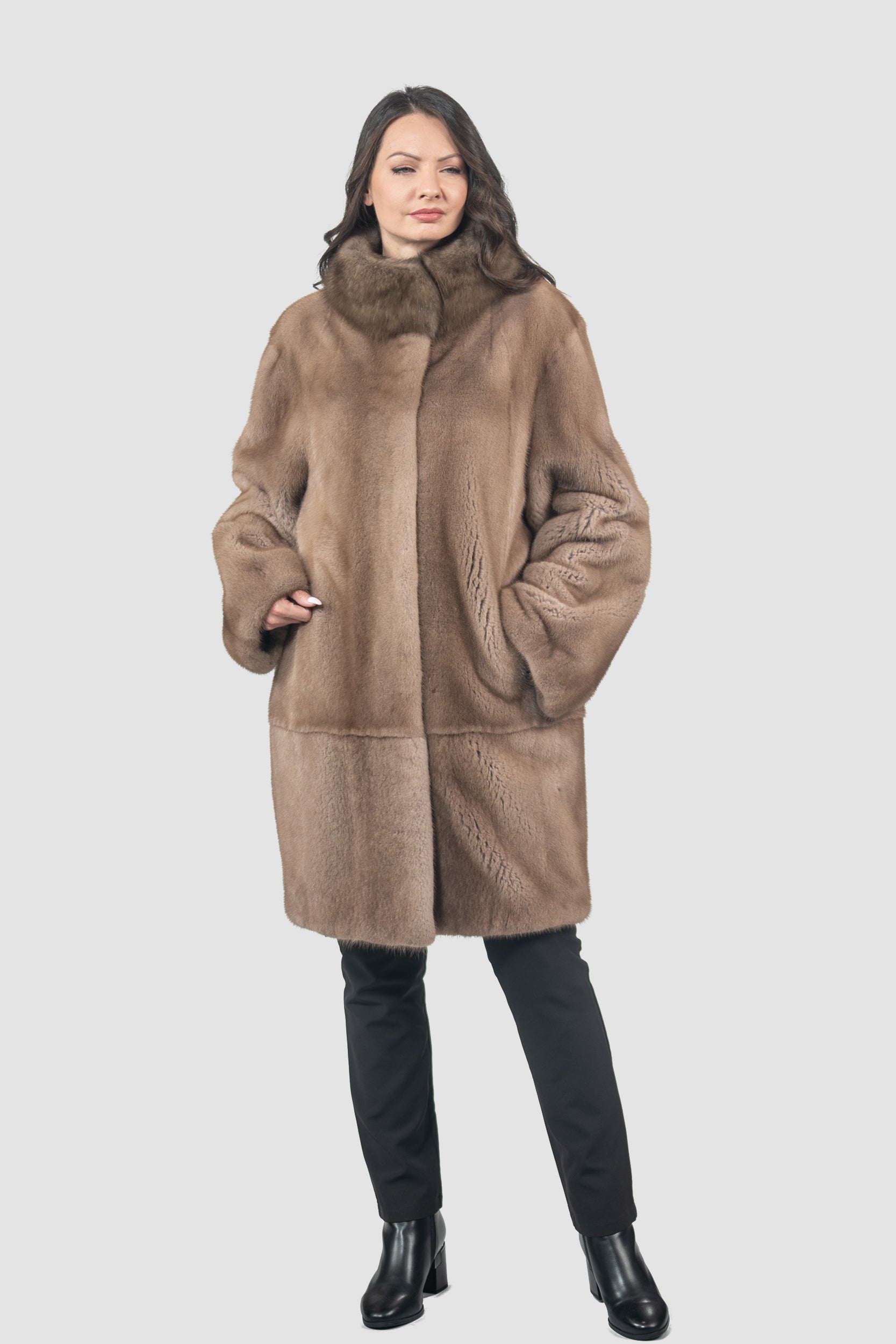 Pastel Mink Half Coat with Russian Sable-Trimmed Stand Collar