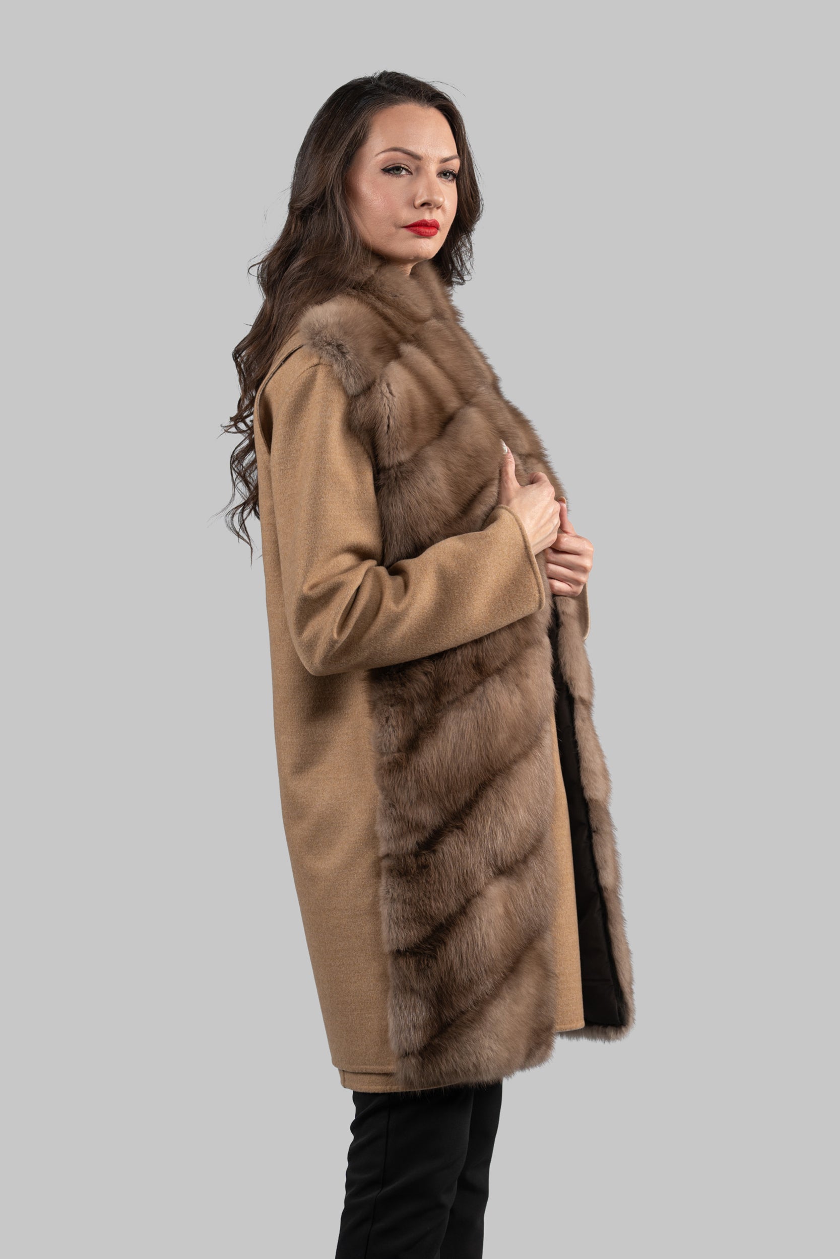 Beige Cashmere Half Coat & Vest with Baumarten Trim