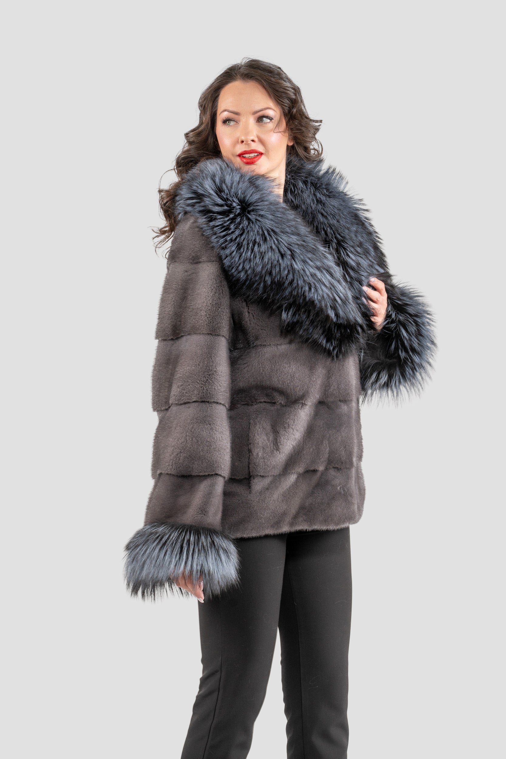 Grey Moon Mink Fur Jacket with Fox Shawl Collar and Cuffs