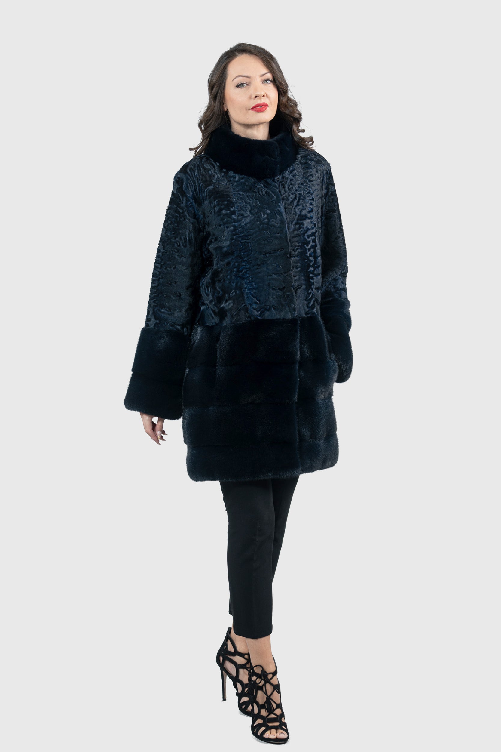 Blue Black Swakara Half Coat with Mink Trim