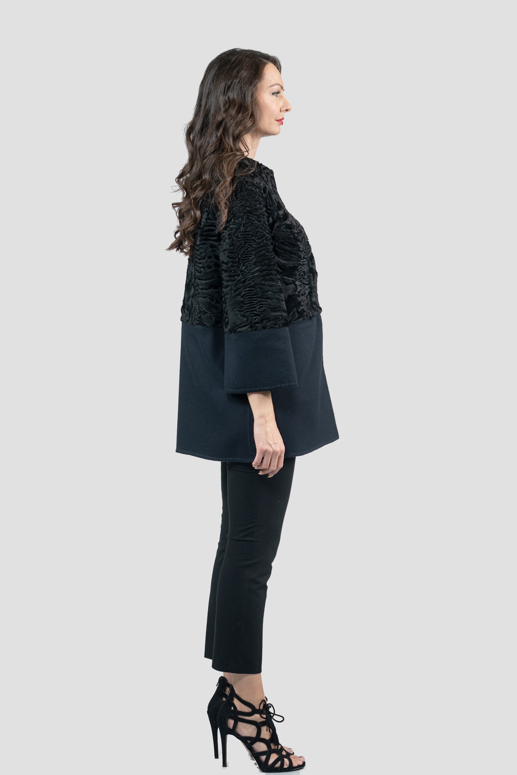 Blue Black Swakara Half Coat with Cashmere