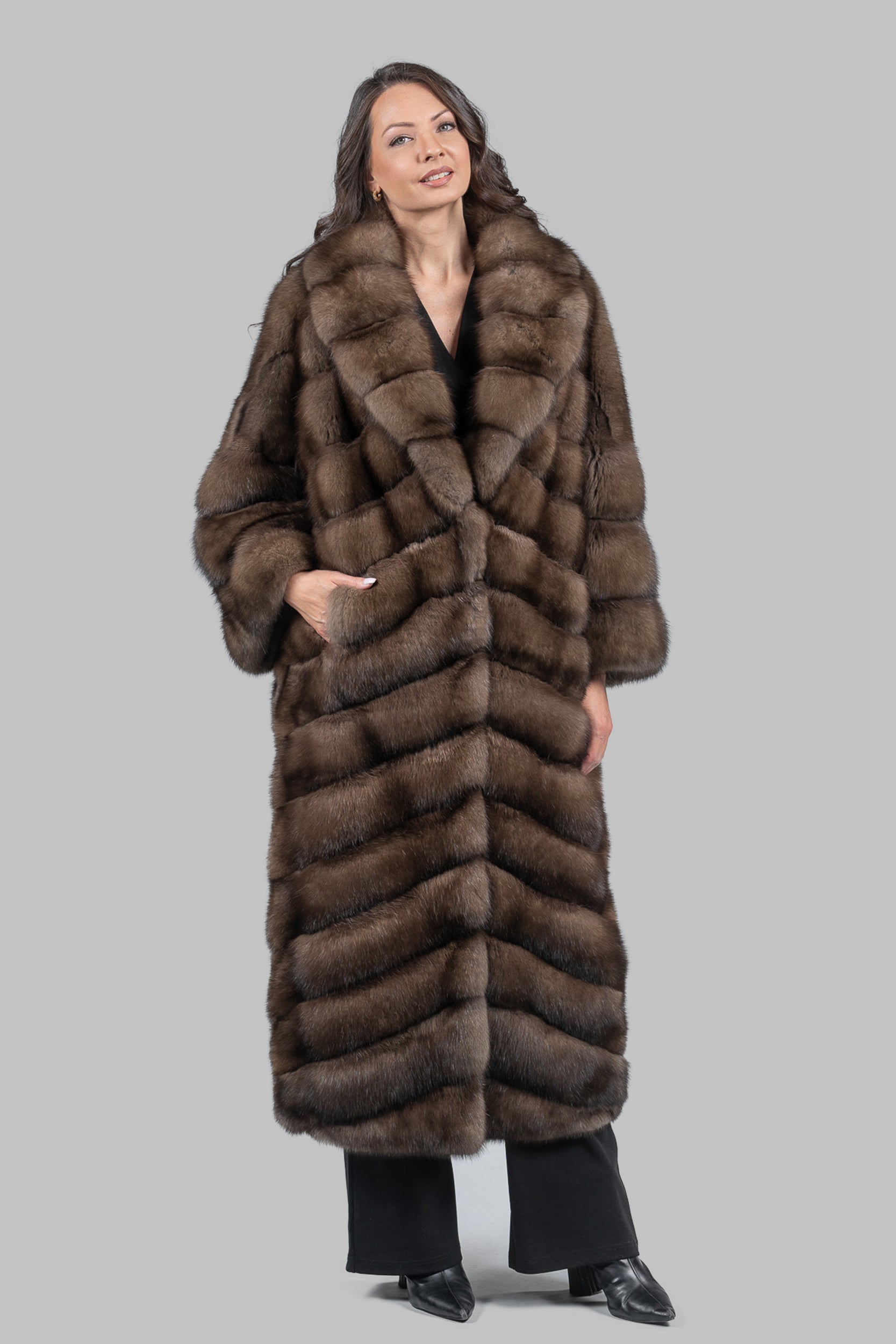 Graphite Sable Long Coat with Shawl Collar