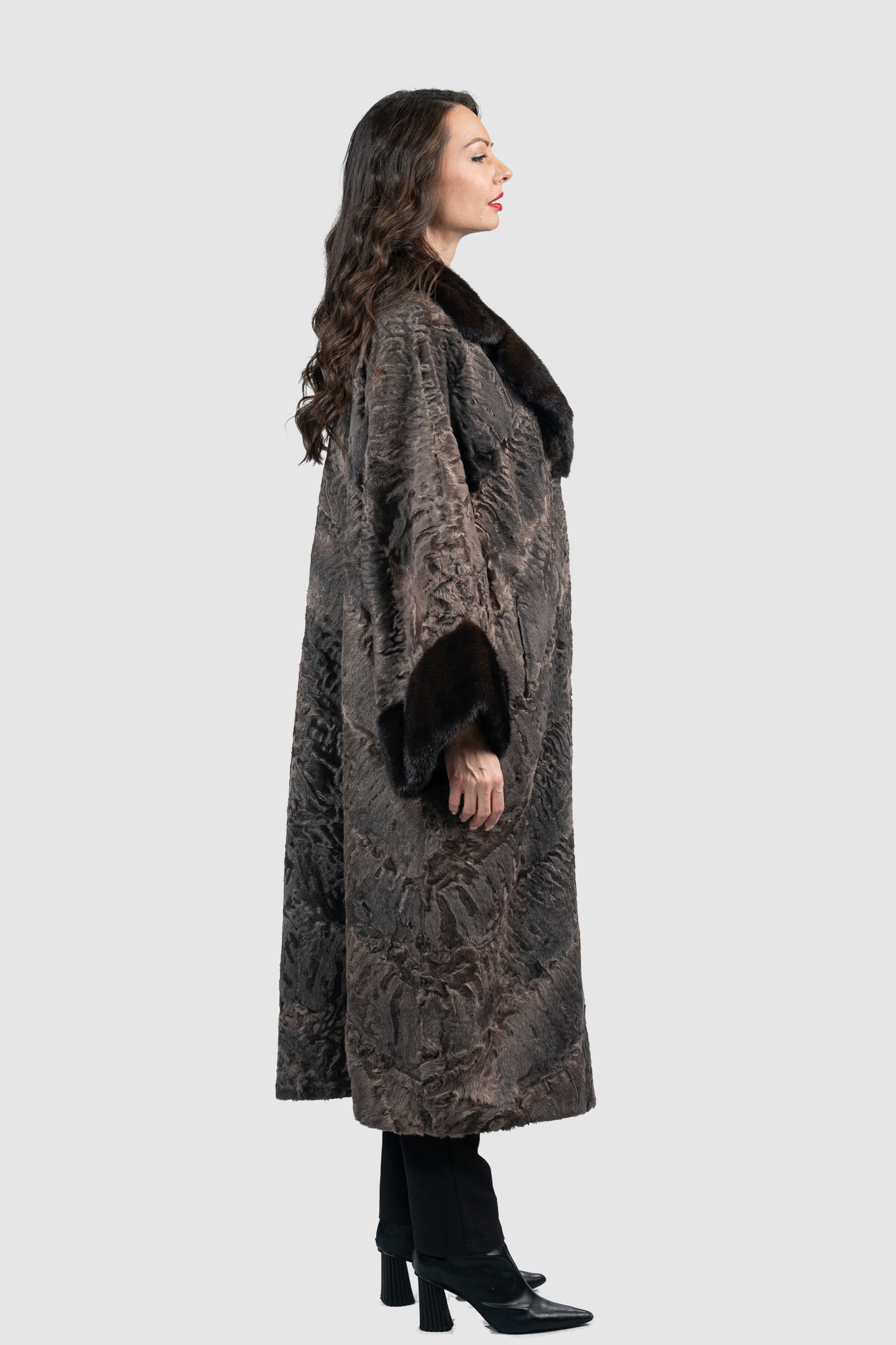 Chocolate Swakara Coat with Mink Trim