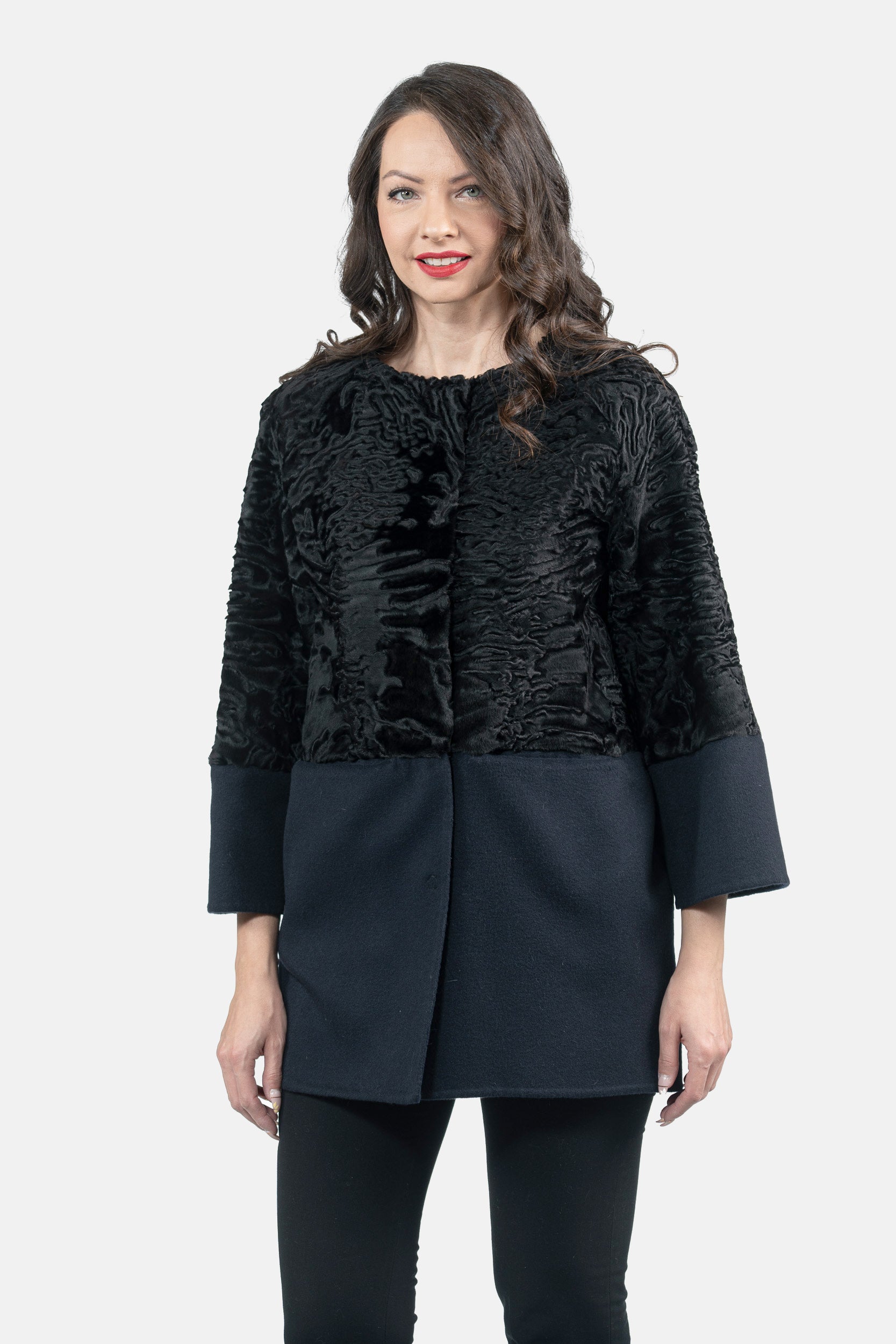 Blue Black Swakara Half Coat with Cashmere