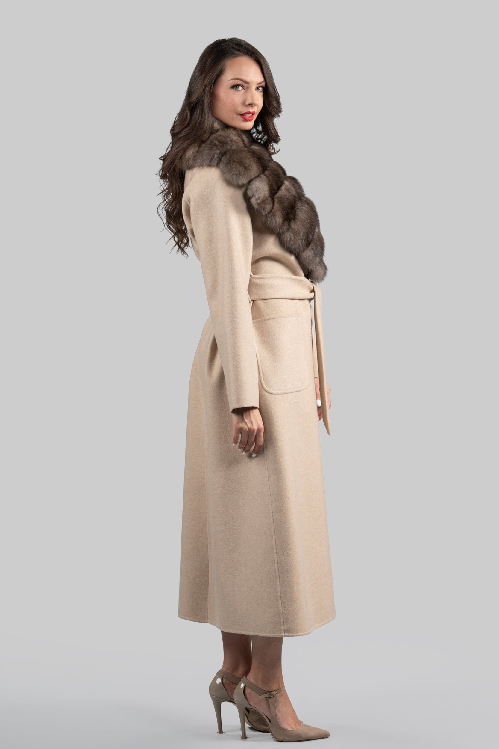 Ecru Cashmere Coat with Russian Sable Notch Collar