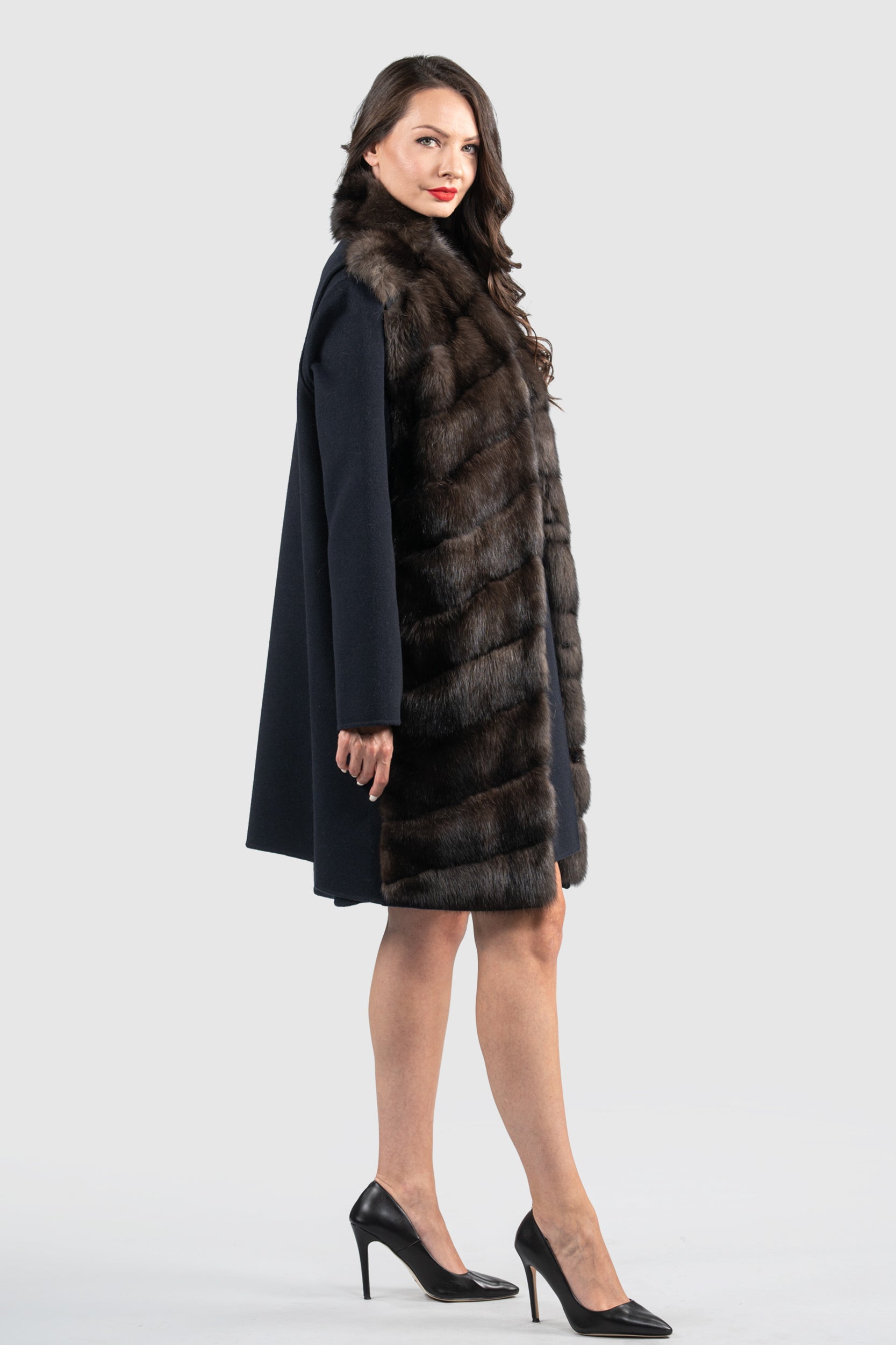 Blue Black Cashmere Half Coat & Vest with Russian Sable Trim