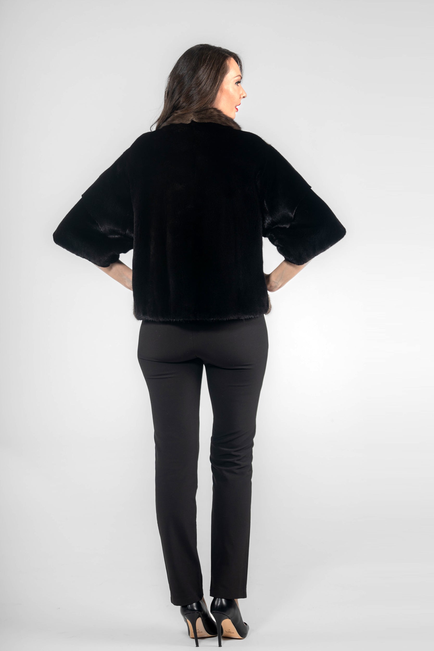 Short Sleeve Blackglama Mink Jacket with Stand Collar and Russian Sable Trim