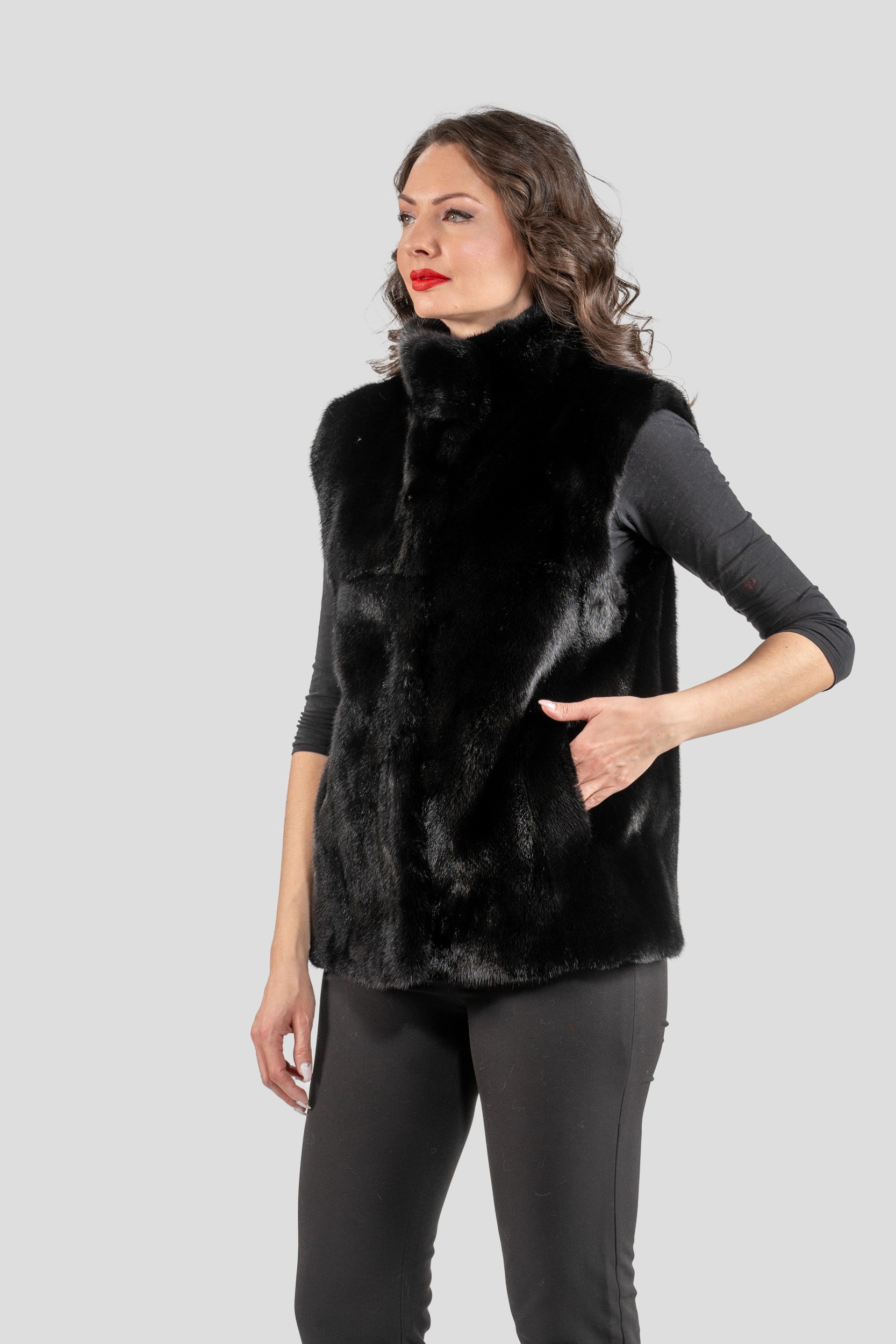 Female Blackglama Mink Short Vest With Stand Collar